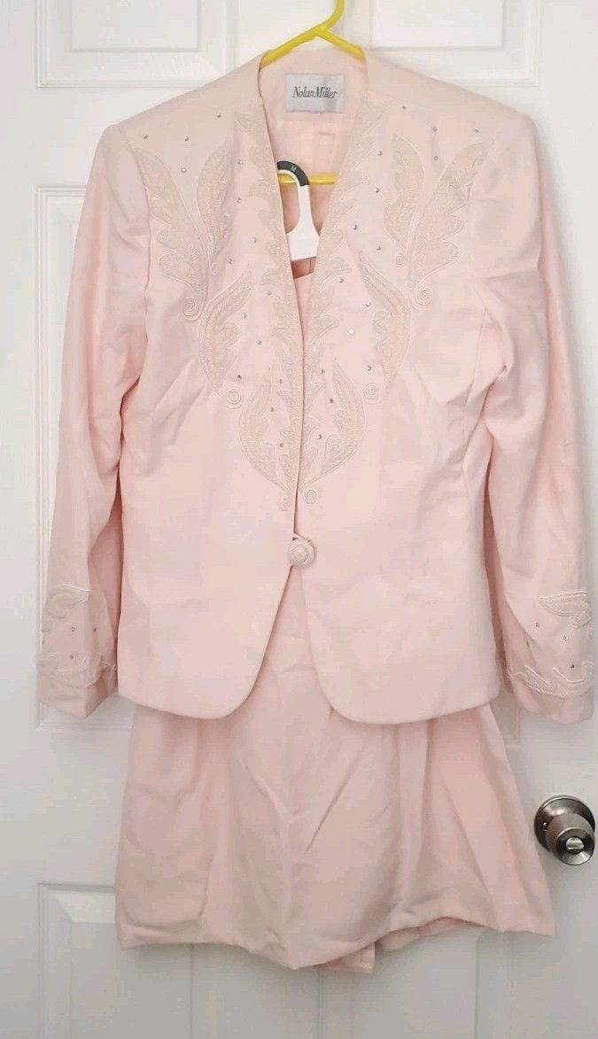 Vintage Nolan Miller Pink Beaded Jacket & Skirt Suit Embroidery Used