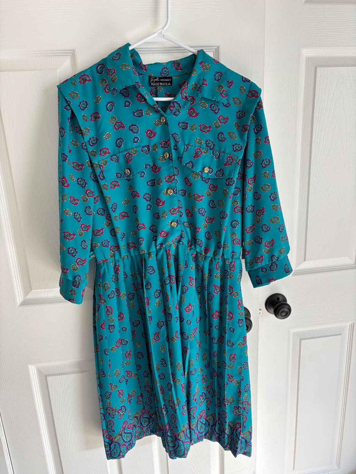 L Pleated Turquoise 80s Dress Vintage Breli Originals Gold Buttons 3/4 Sleeves