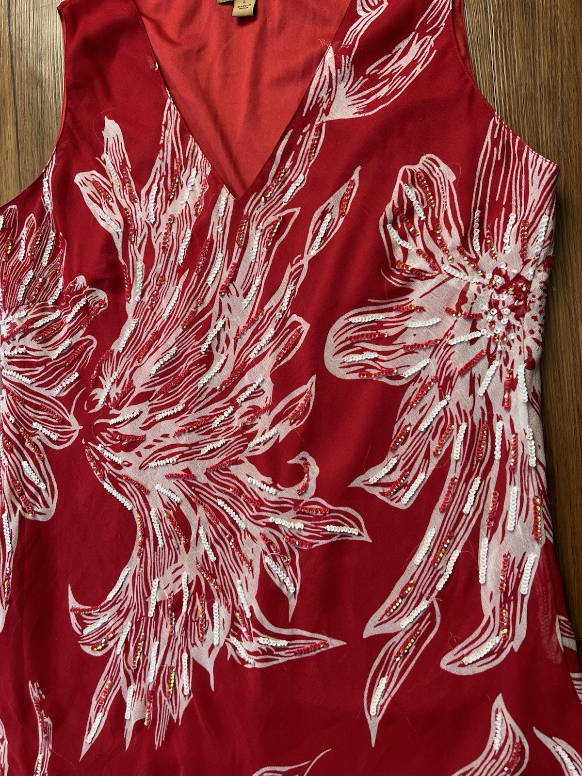 Vintage 90’s Midnight Velvet Maxi Dress Large Tropical Red Chiffon Sequin Bias