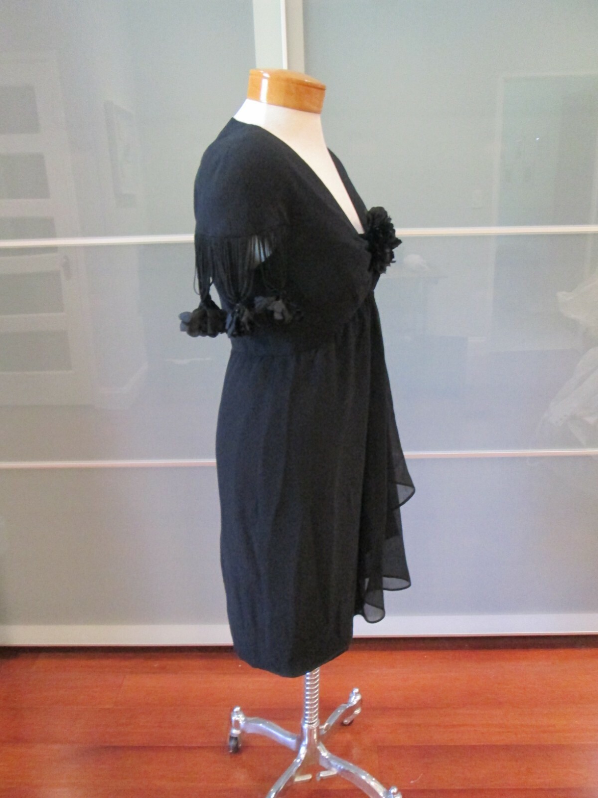Stanley Platos ILGWU Chiffon Fringe & Floret Detail Dress Size 8