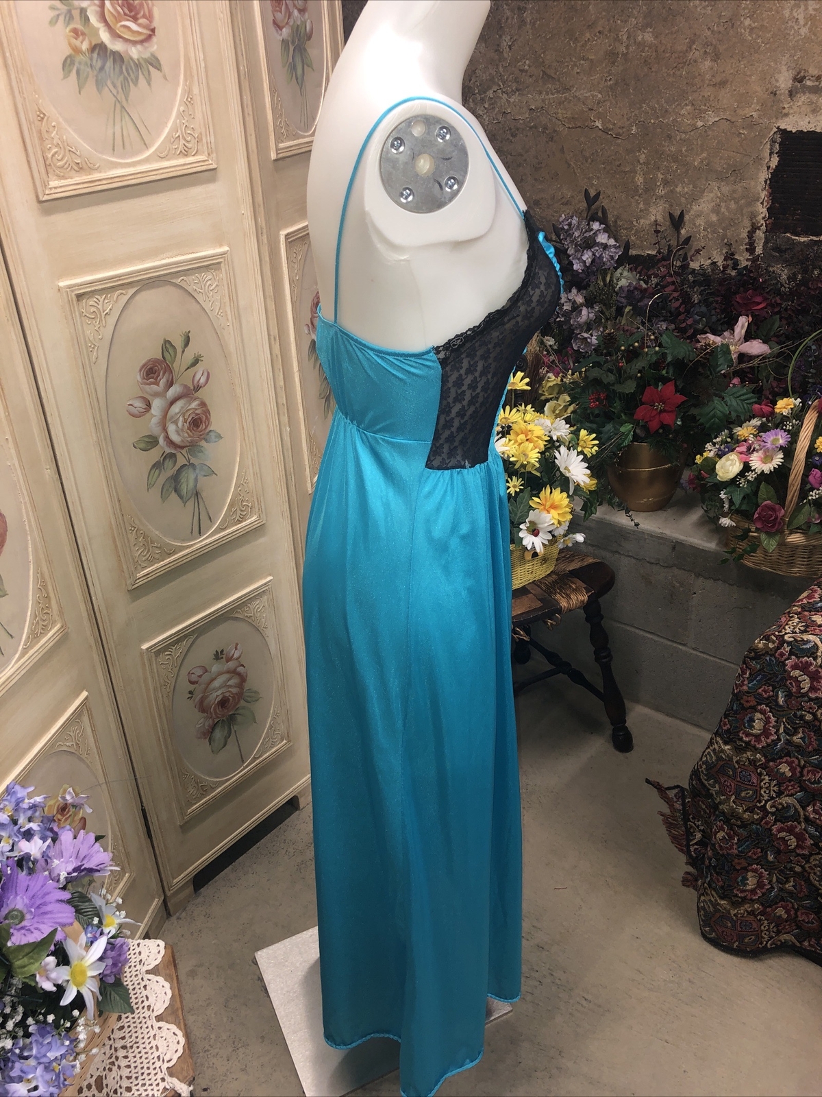 Vintage Long Teal And Black Sleeveless Nightgown S-M Petite
