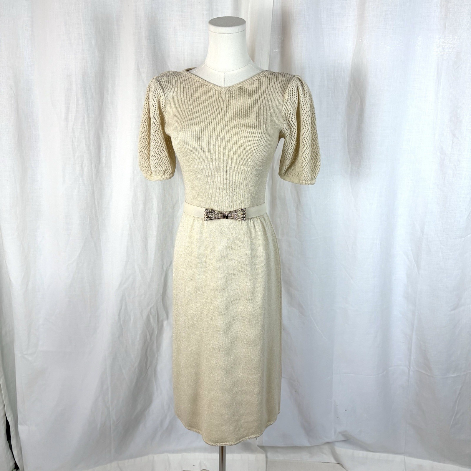 Vintage 80’s St. John Knits Cream Sweater Dress With Rhinestone Belt Luxury Sz 8