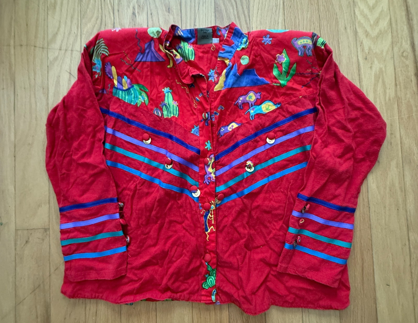 Vtg Southwest Theme Jacket Cotton Pockets Papike Wear OS Red