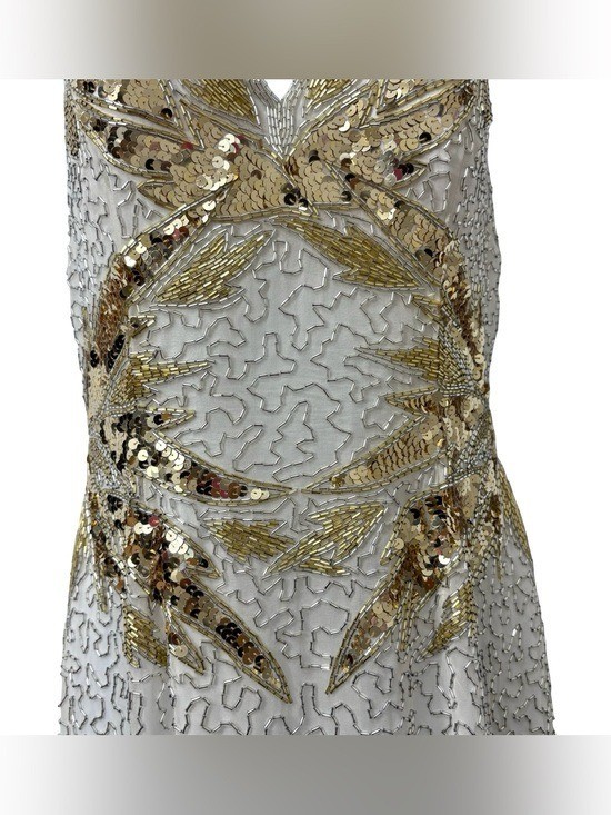 VTG NITE Lime 100% Silk Beaded 90s Showgirl Sequin Beige Gold Dress Size 8