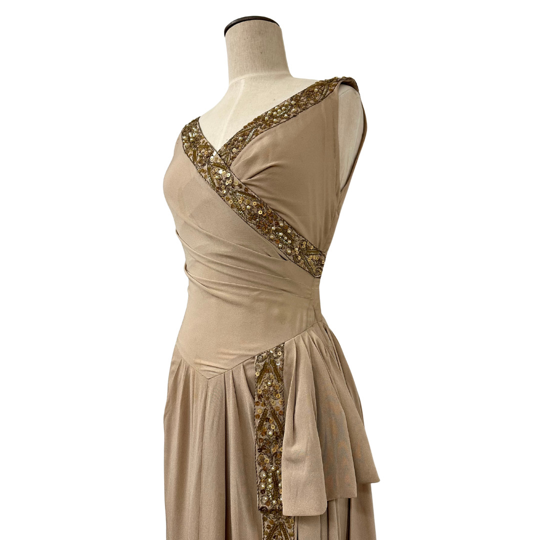 Vintage 1930s Draped Beige Sequin Hollywood Glamour Art Deco Evening Gown