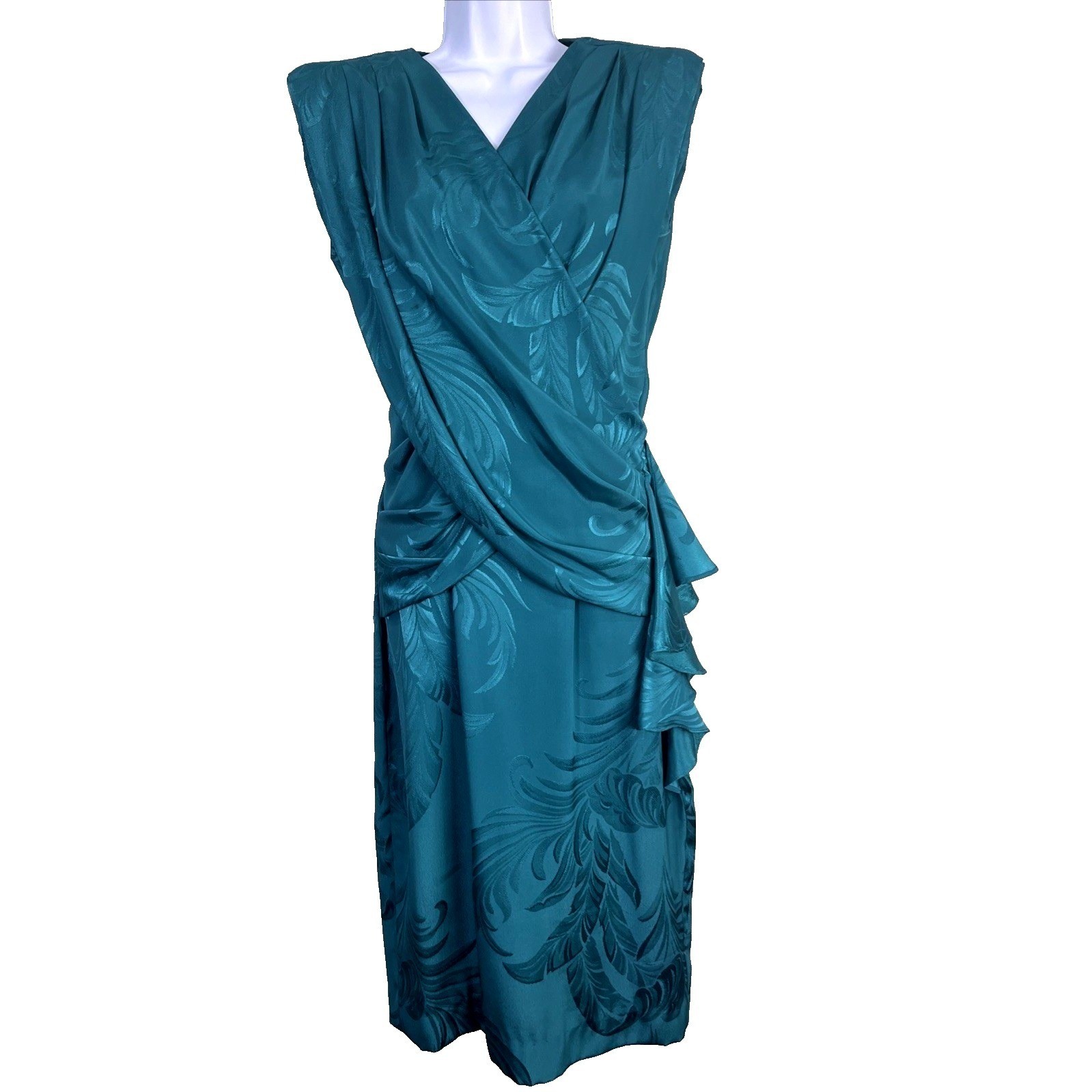 Lola Collections Dress Womens 4 Teal Jacquard Leaf Draped Open Back Ruffle 80s