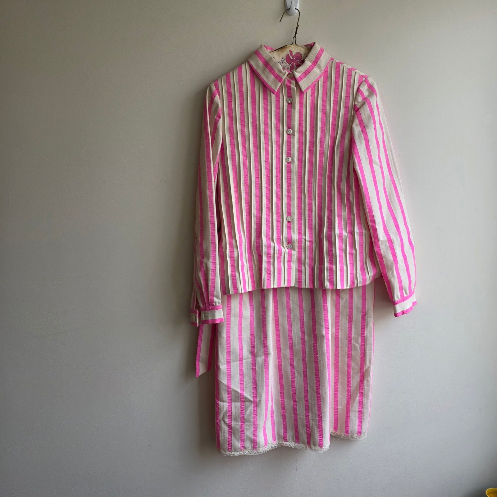Vintage Anne Fogarty Pink Stripe Dress Jacket Set ILGWU Size 12 60s Rockabilly