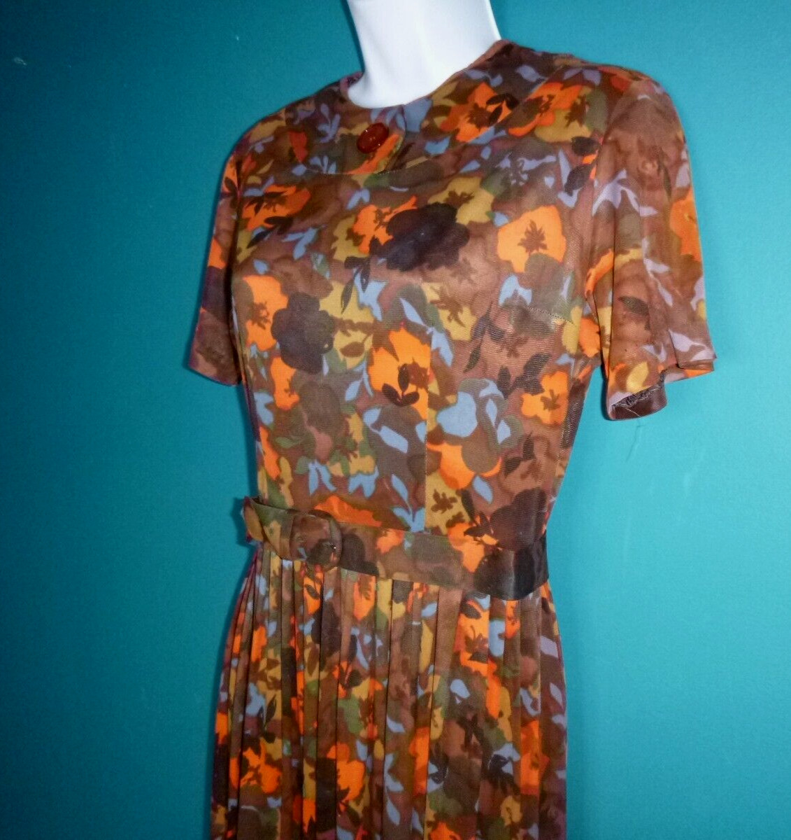 Vtg 60s Nylon Stretch Fabric Dress Multi Color Brown Orange Floral Sz S/M