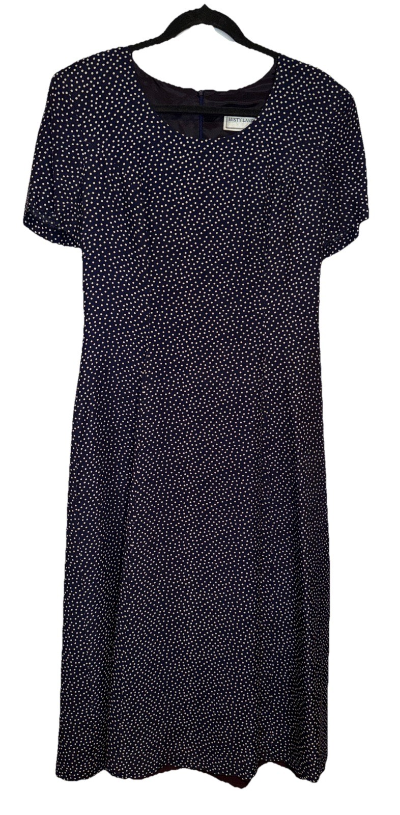 VTG Misty Lane Dress Navy Polka Dot Midi 8 Tie Back 90s Casual Lined Retro USA