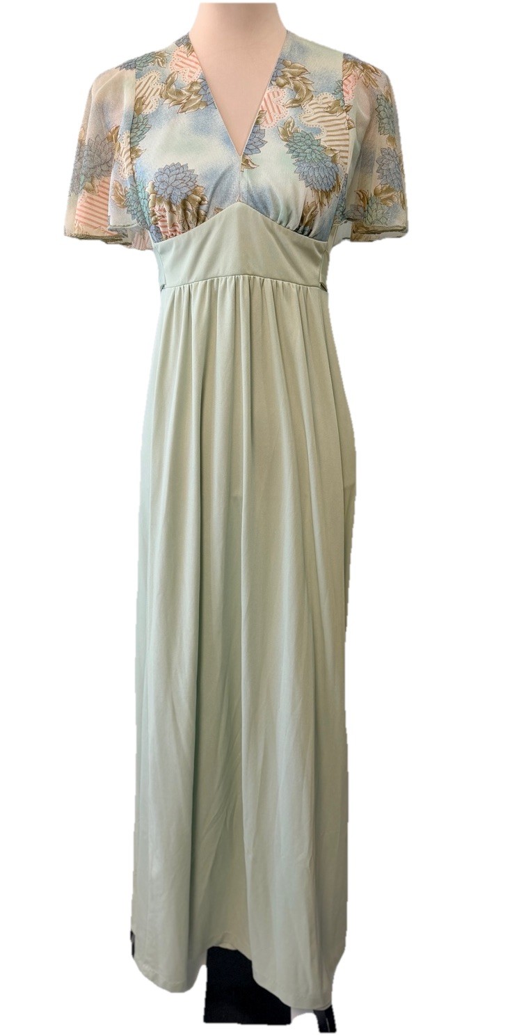 Vintage 70s Angel Sleeve Floral Lady Maxi Jade Green Dress Hippie Small Unique