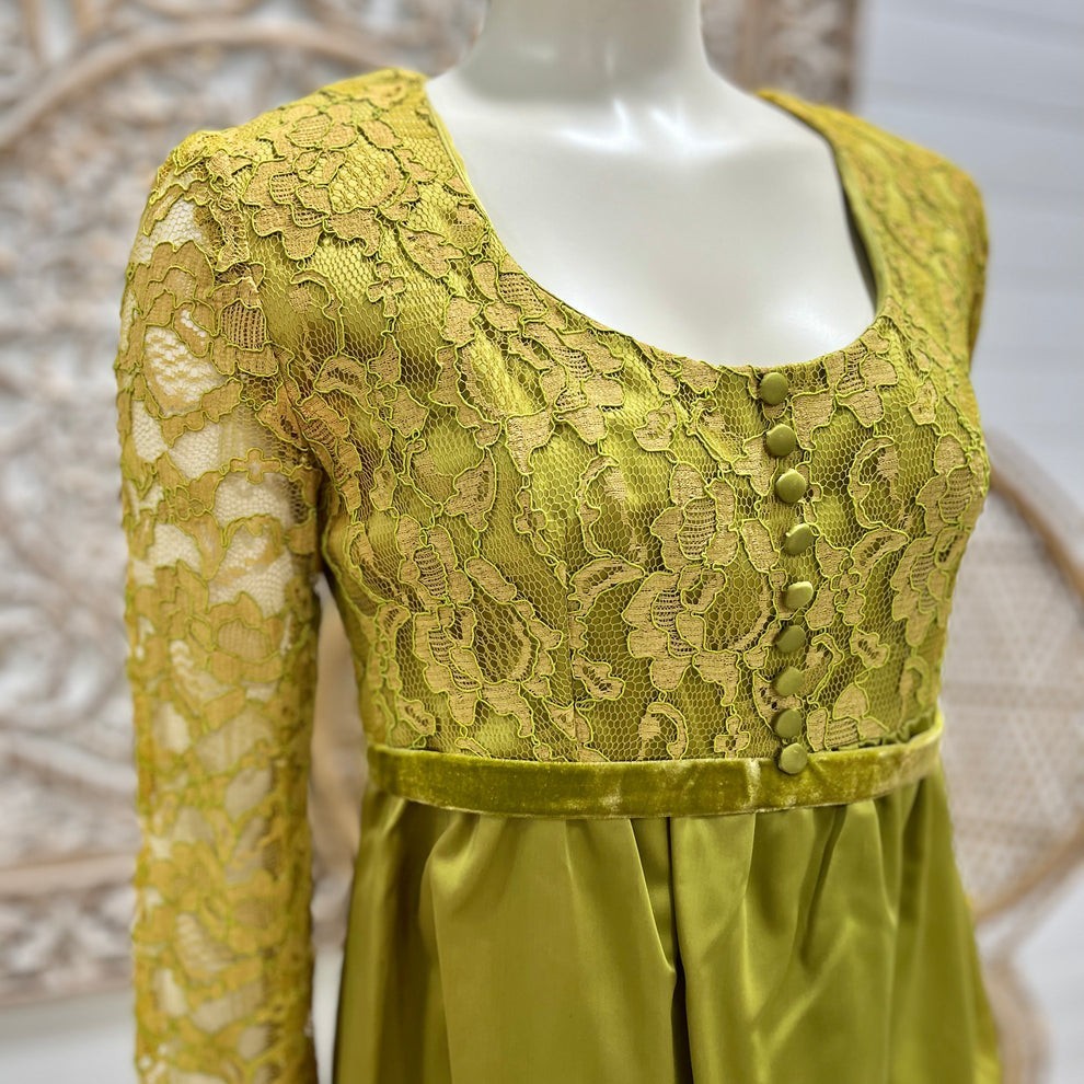 60s Mod Chartreuse Green Lace Elegant Evening Dress