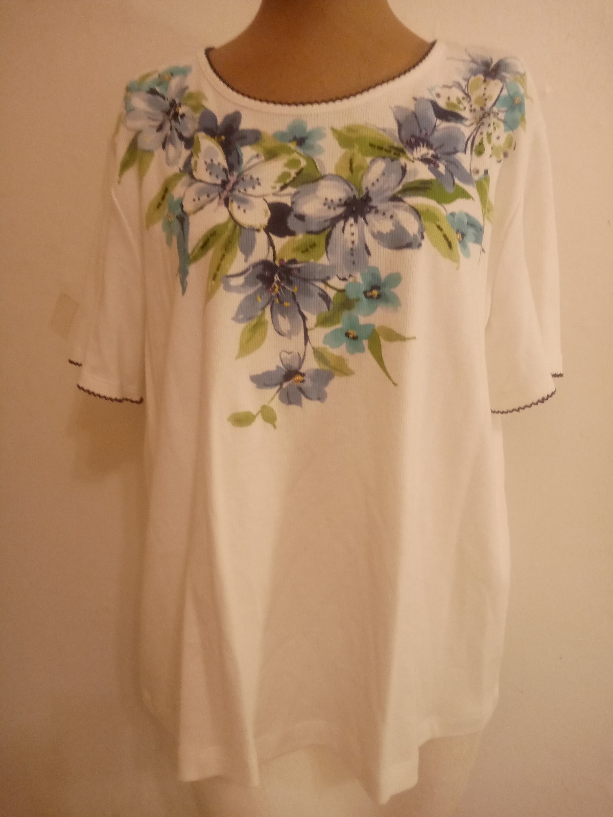 Vintage Alfred Dinner White Top With Blue Floral Design Size L
