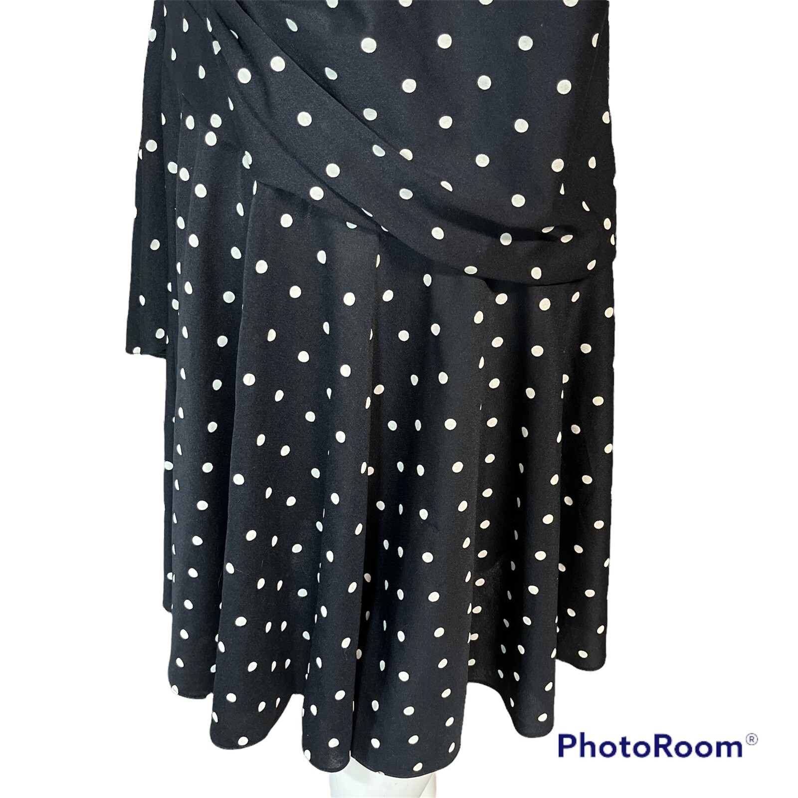 Vintage Black Dress Size 15 16 Black White Polka Dot Gathered Party Classic 80s