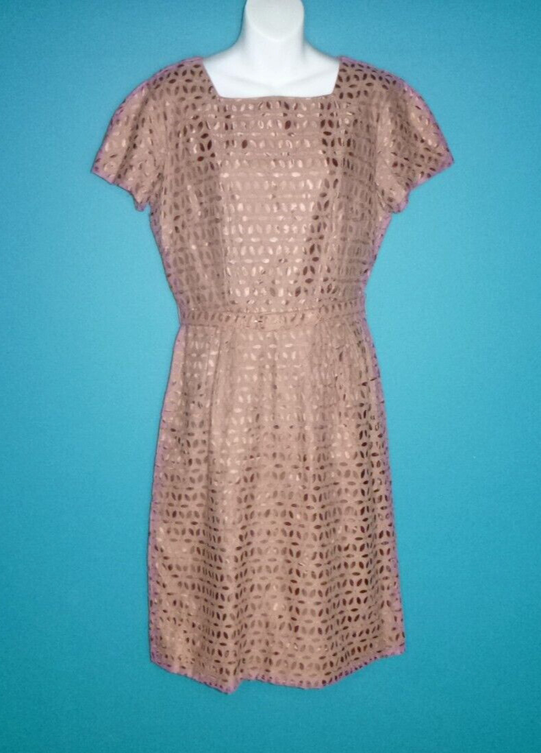 Vtg 50s Ann Allyn Cocoa Brown 2 Layer Sheath Dress W Belt Eyelet over Satin M/L