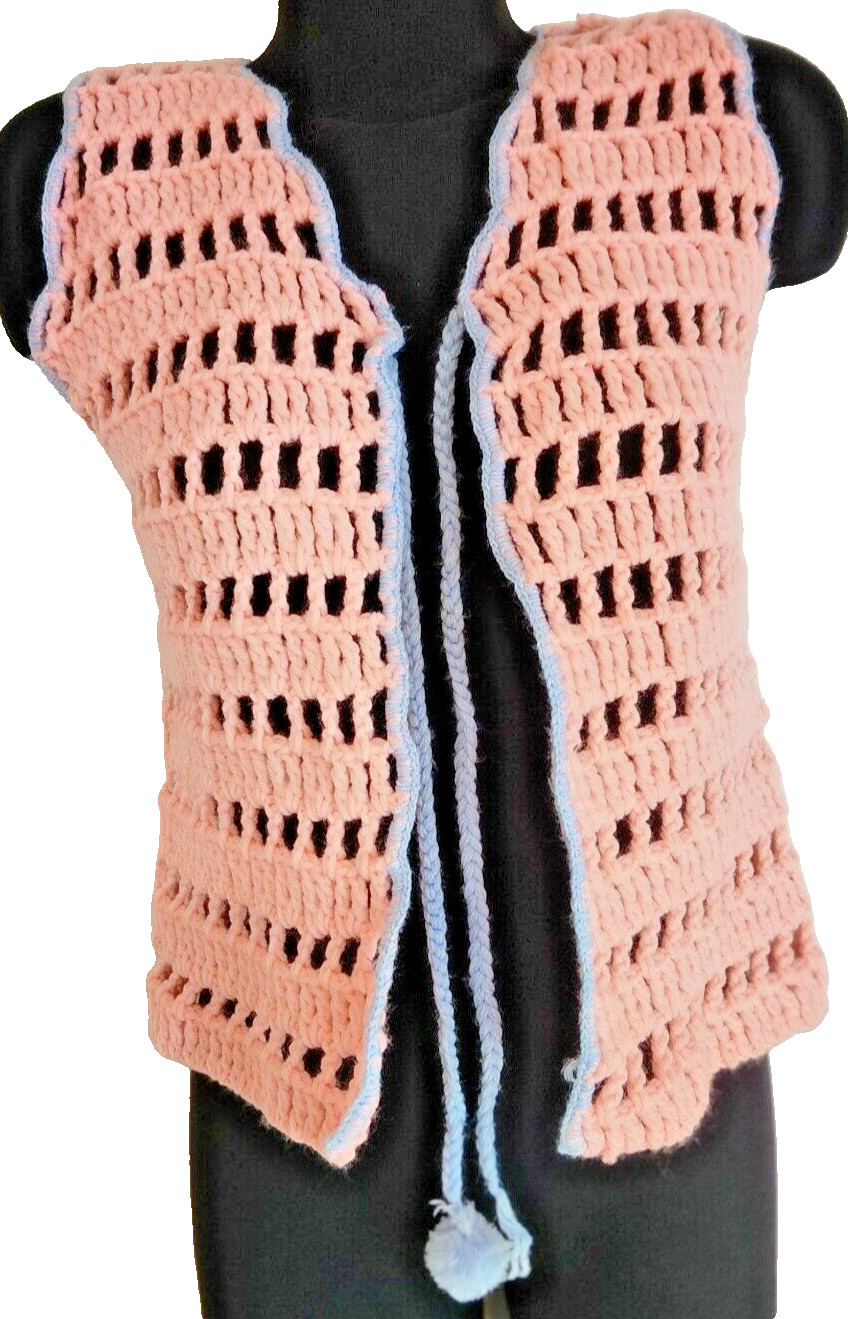 Pink Large Gap Knit Vest Hand Made Retro 1970s Kitschy Cottage Grandma Coquette