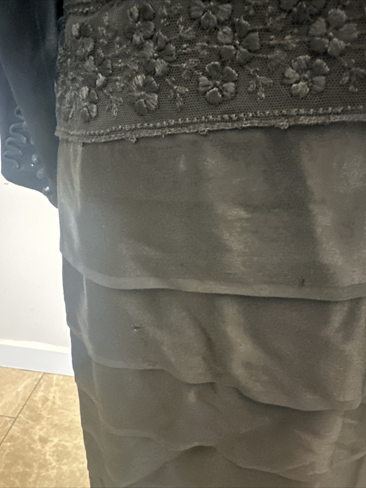Vintage 1920s Black Satin Tiered Drop Waist Pussy Bow Lace & Embroidered Dress