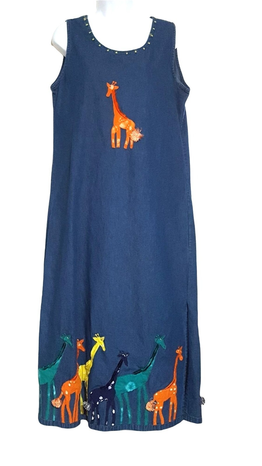 Vintage Denim Maxi Dress & Jacket L Appliqued Giraffes Blue Jungle Animals