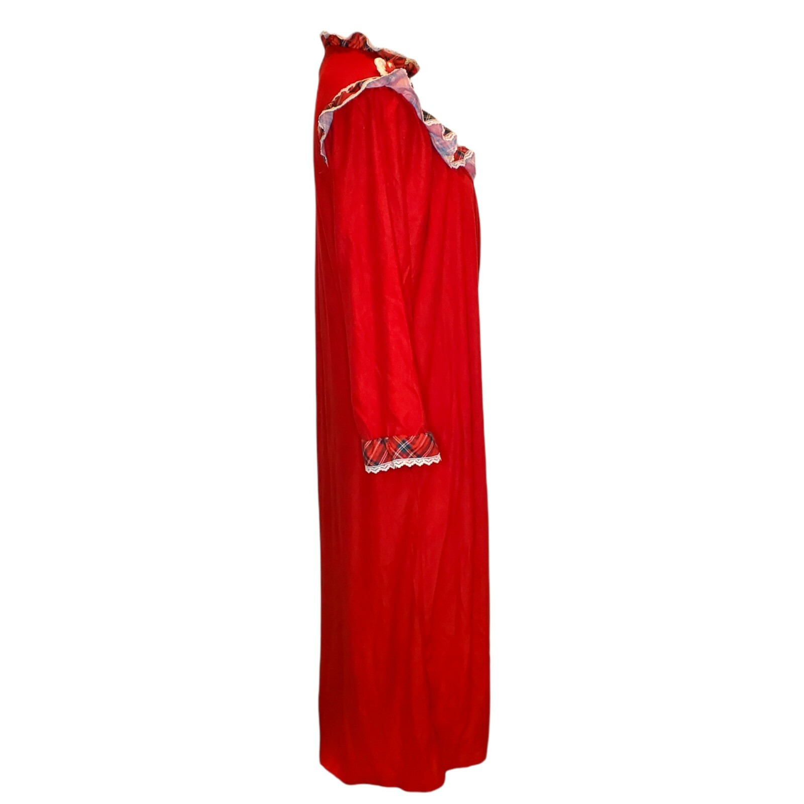 Vintage Christmas Velour Red Housecoat Robe Zip Front Long Plaid Ruffles Small