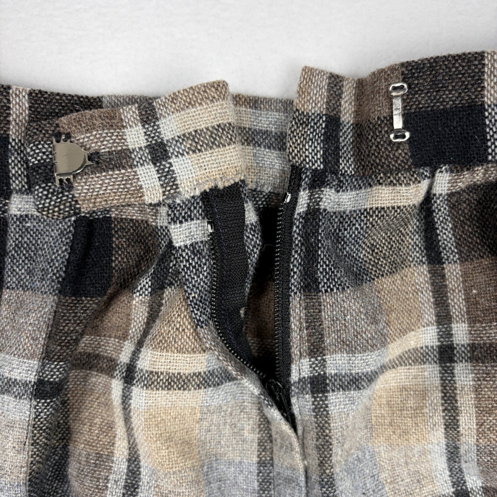 Vintage Plaid Midi Skirt Brown Grey Black High Waist Pleated Wool Blend