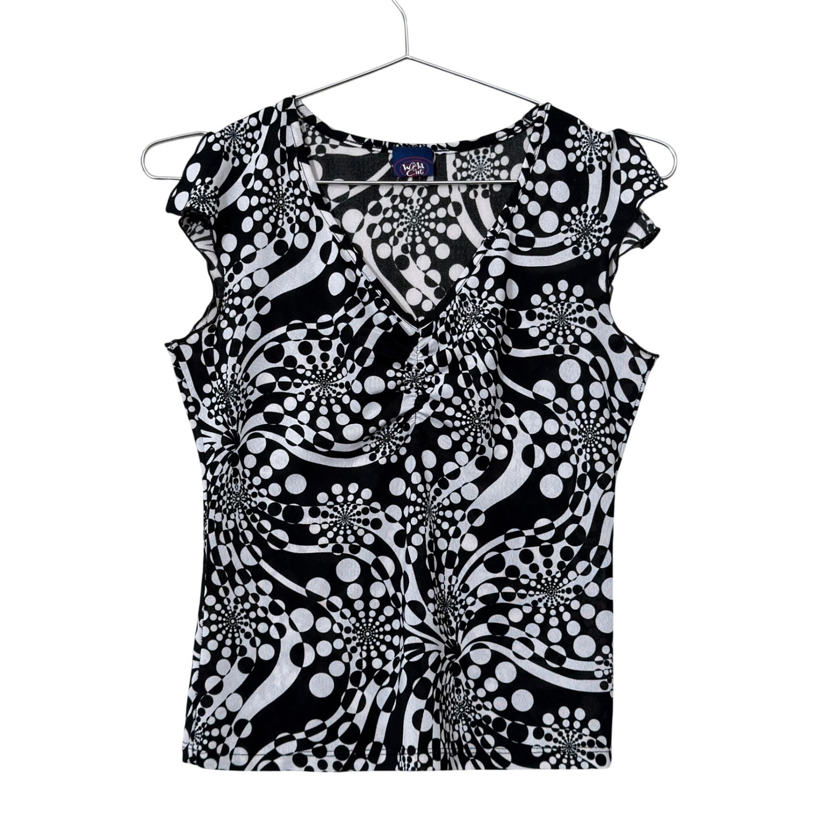 Y2K Wildcat Mesh Top Womens Small Black White Vintage Psychedelic Lettuce Trim