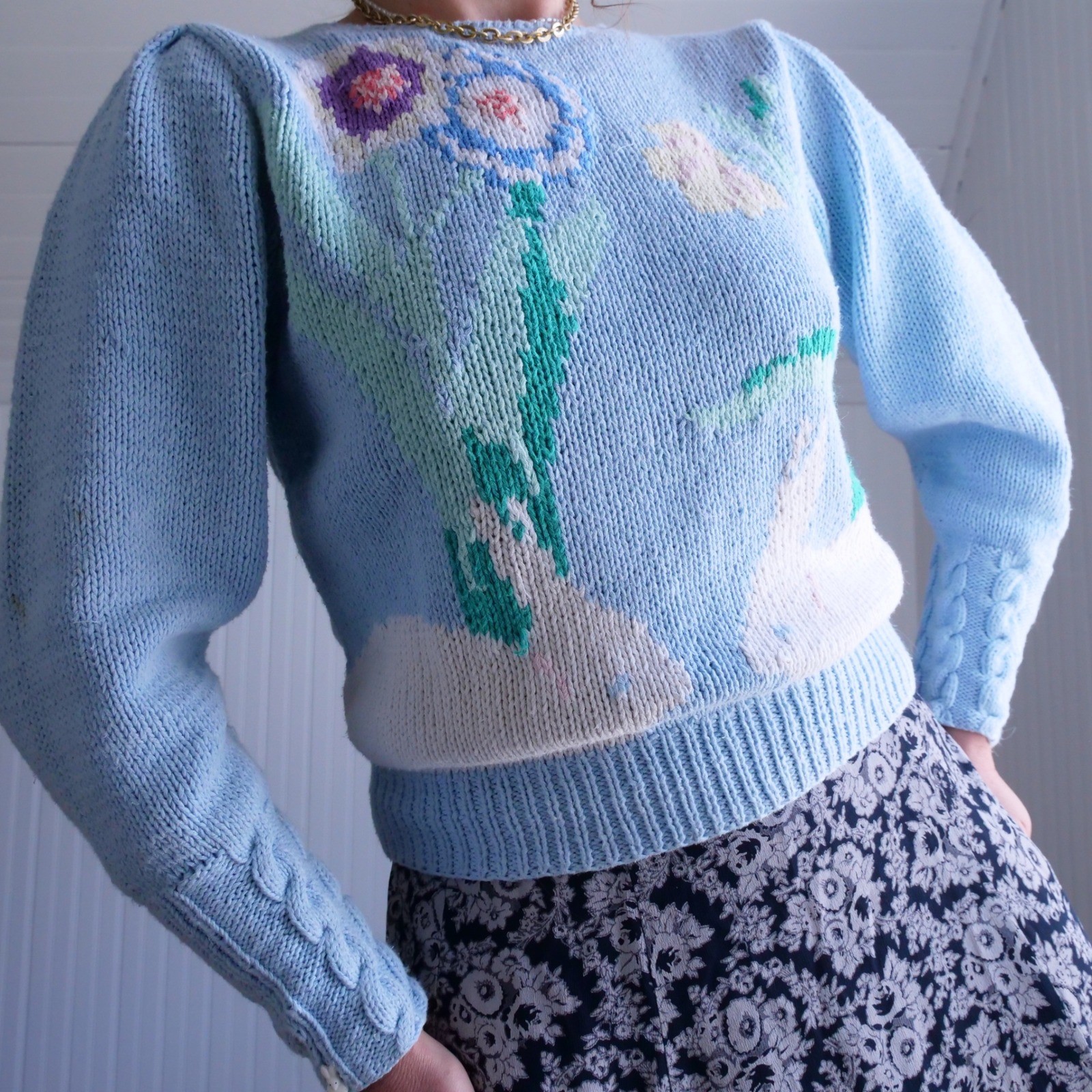 Vintage 1990s Eagle’s Eye adorable pastel bunny cotton/ramie handknit sweater