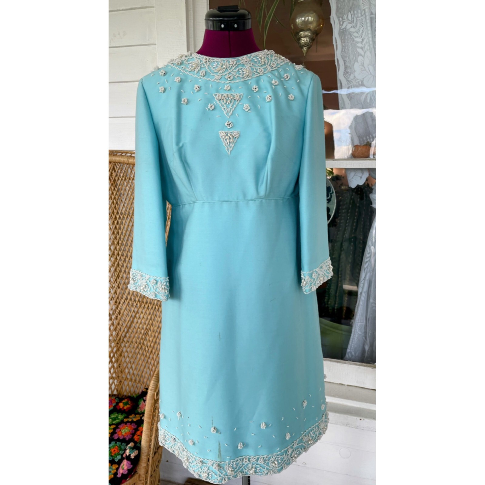 Vintage 1960s Blue Heavy Beaded Silk/wool Blend Midi Dress