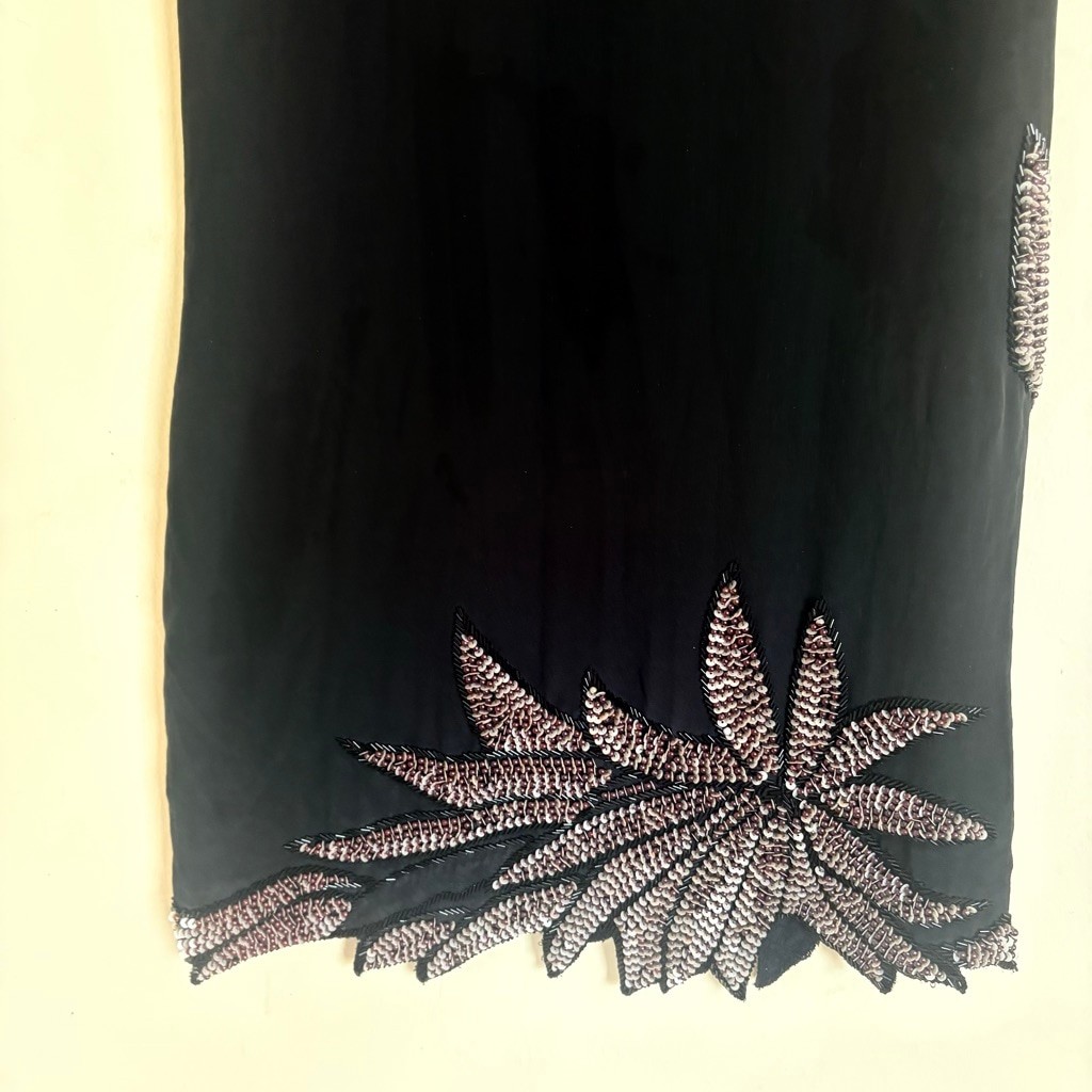 Beyond Vintage Silk Beaded Leaf Mini Dress Black XS Style 347