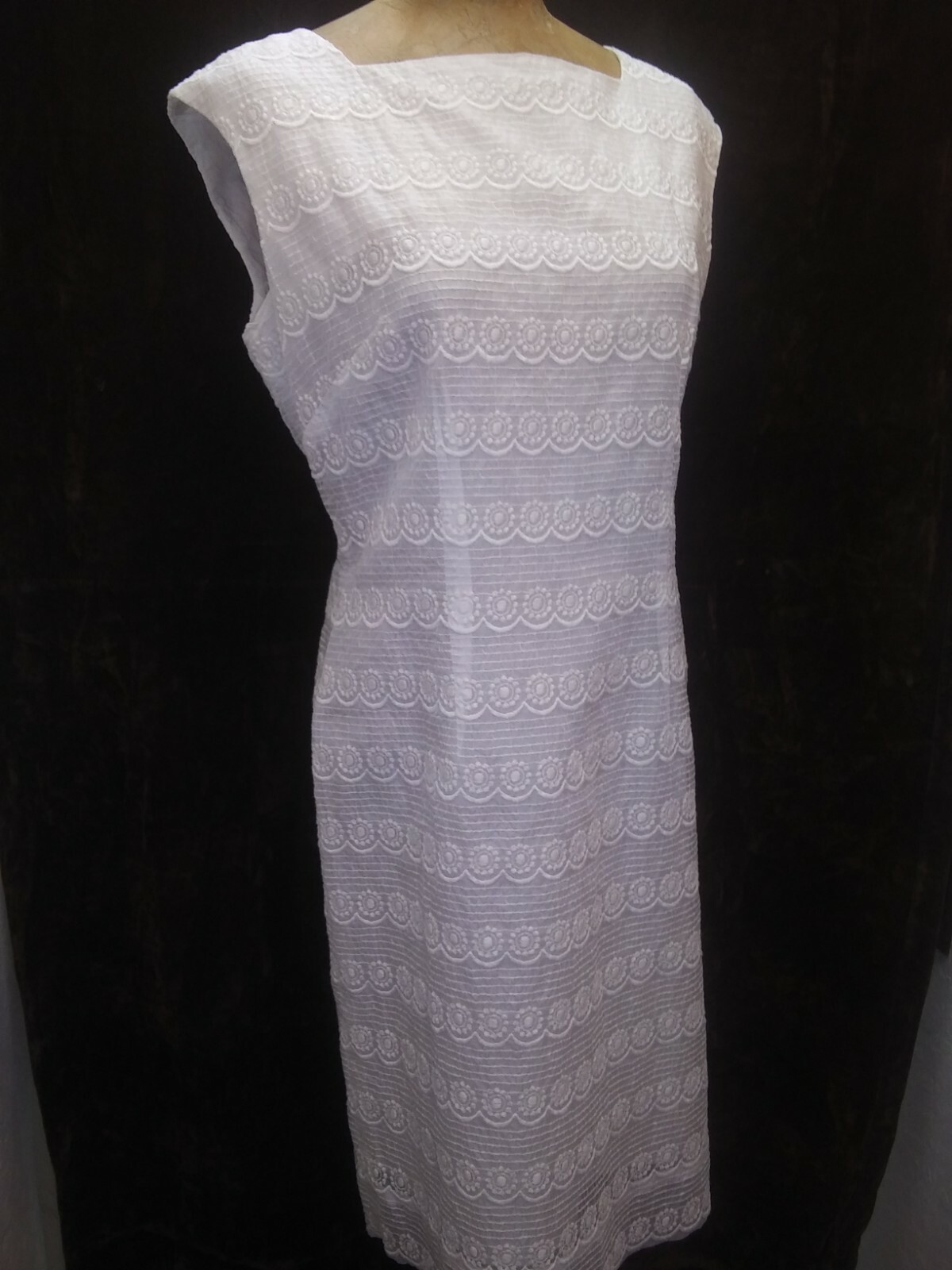 Vintage 1960’s White Embroidered Cotton Shift Sundress by Alice Size Medium