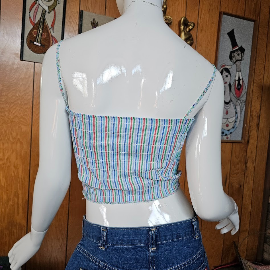 Vtg 70s Pride Rainbow Stripe Smocked Crop Baby Tee Tube Top Festival Shirt M