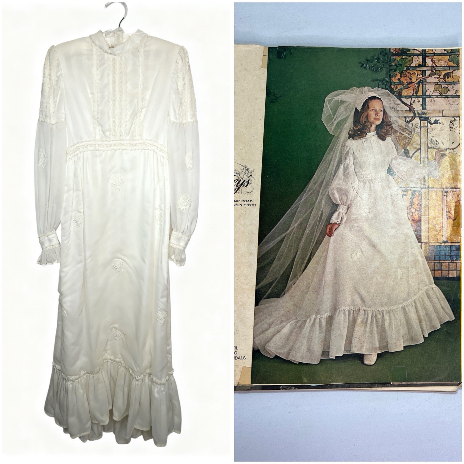 Vintage Eve Of Milady 1970’s Boho Prairie Wedding Dress w/Magazine Edwardian