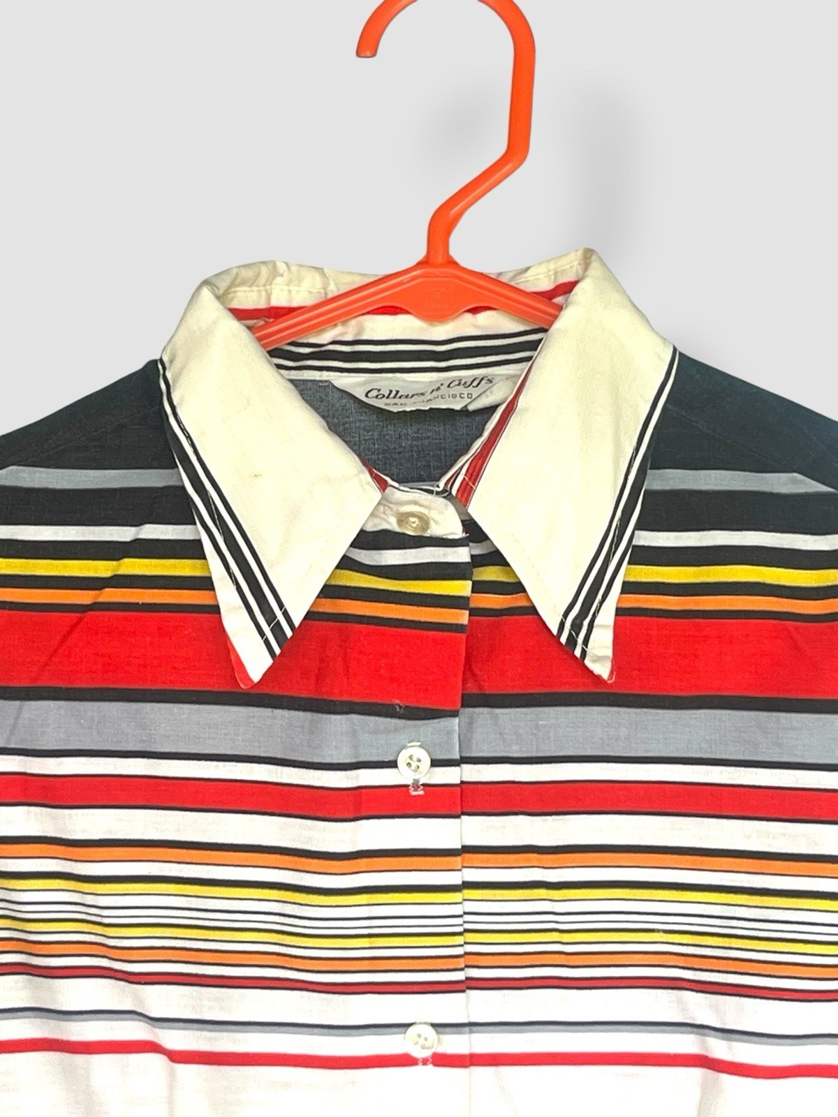 Vintage 1970s Womens Shirt Blouse Red White Blue Striped Collars & Cuffs M Mod