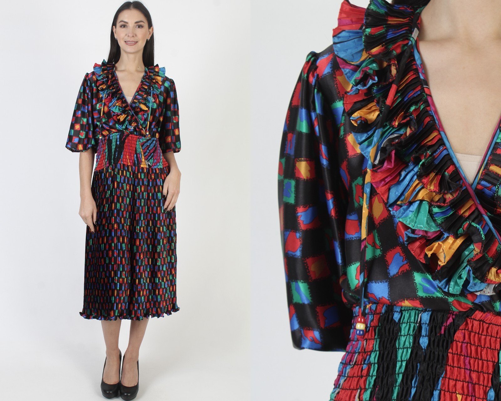 Vintage Asorti Susan Freis Dress Black Georgette Ruffle Rainbow Cocktail Midi