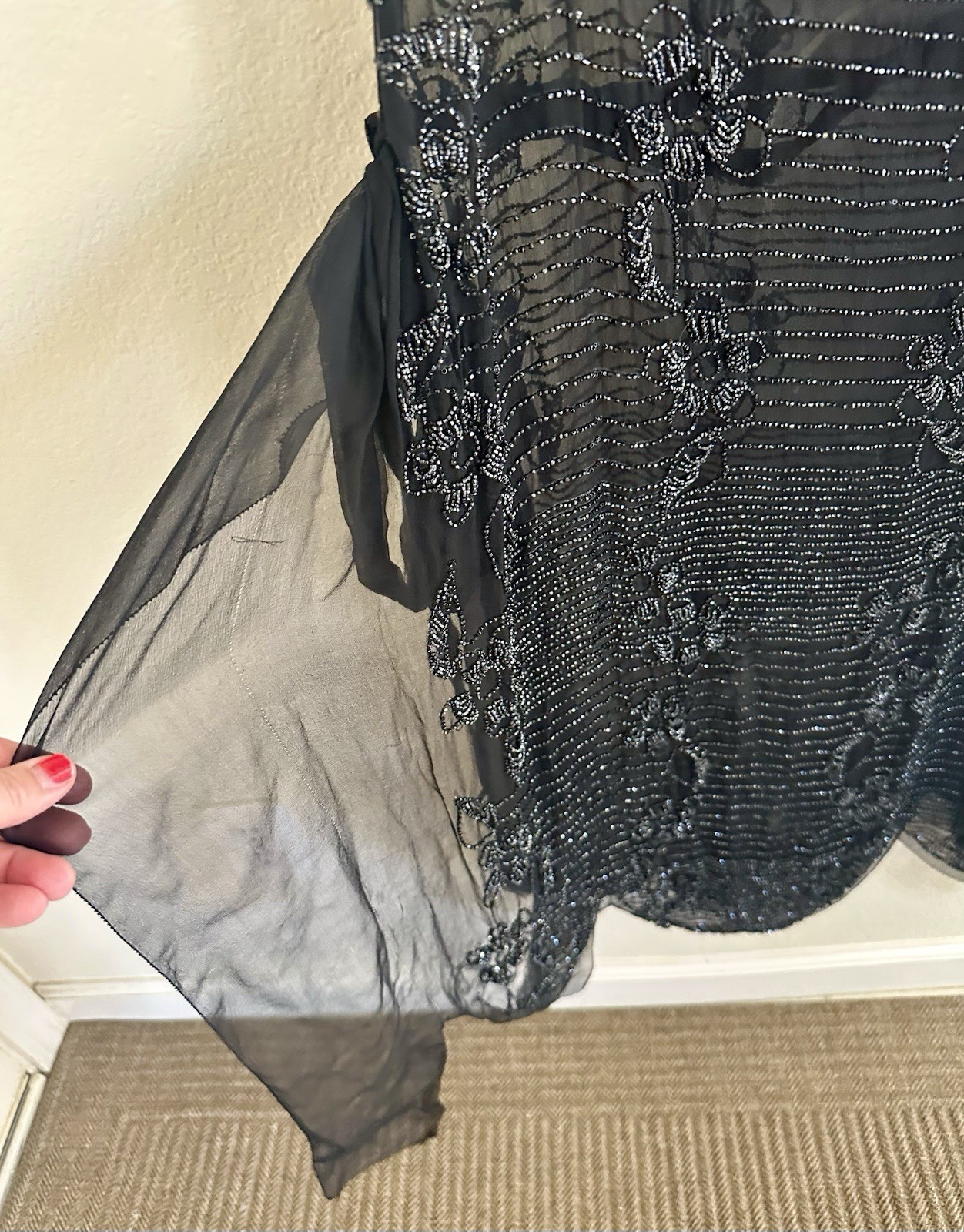Antique Art Deco Beaded Silk Chiffon Tabard Dress Black Glass Beads 1920s Medium