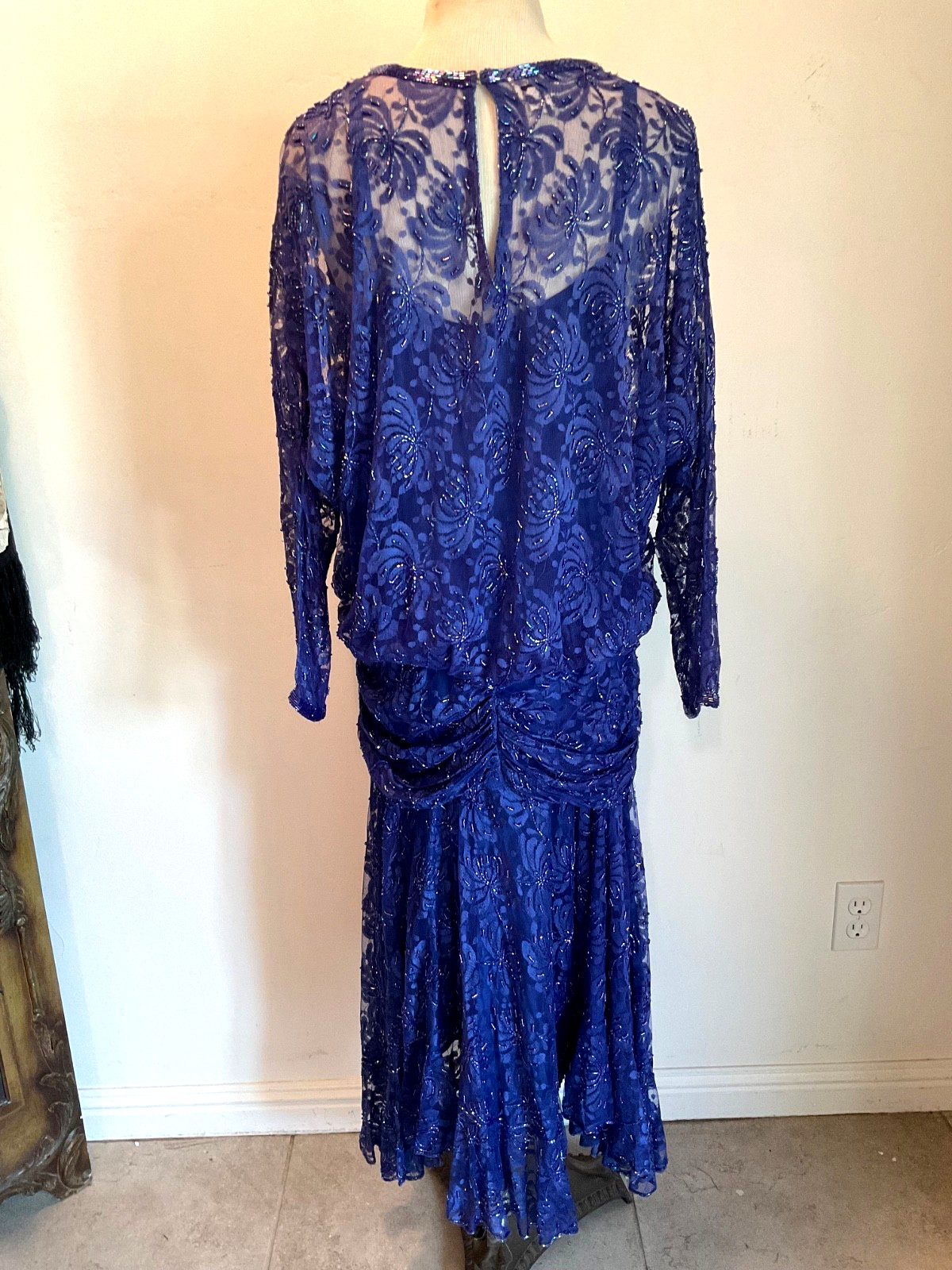 VTG 80s Art Deco Beaded Drop Waist Lace Gown Dark Blue Judith Ann Sz. Medium