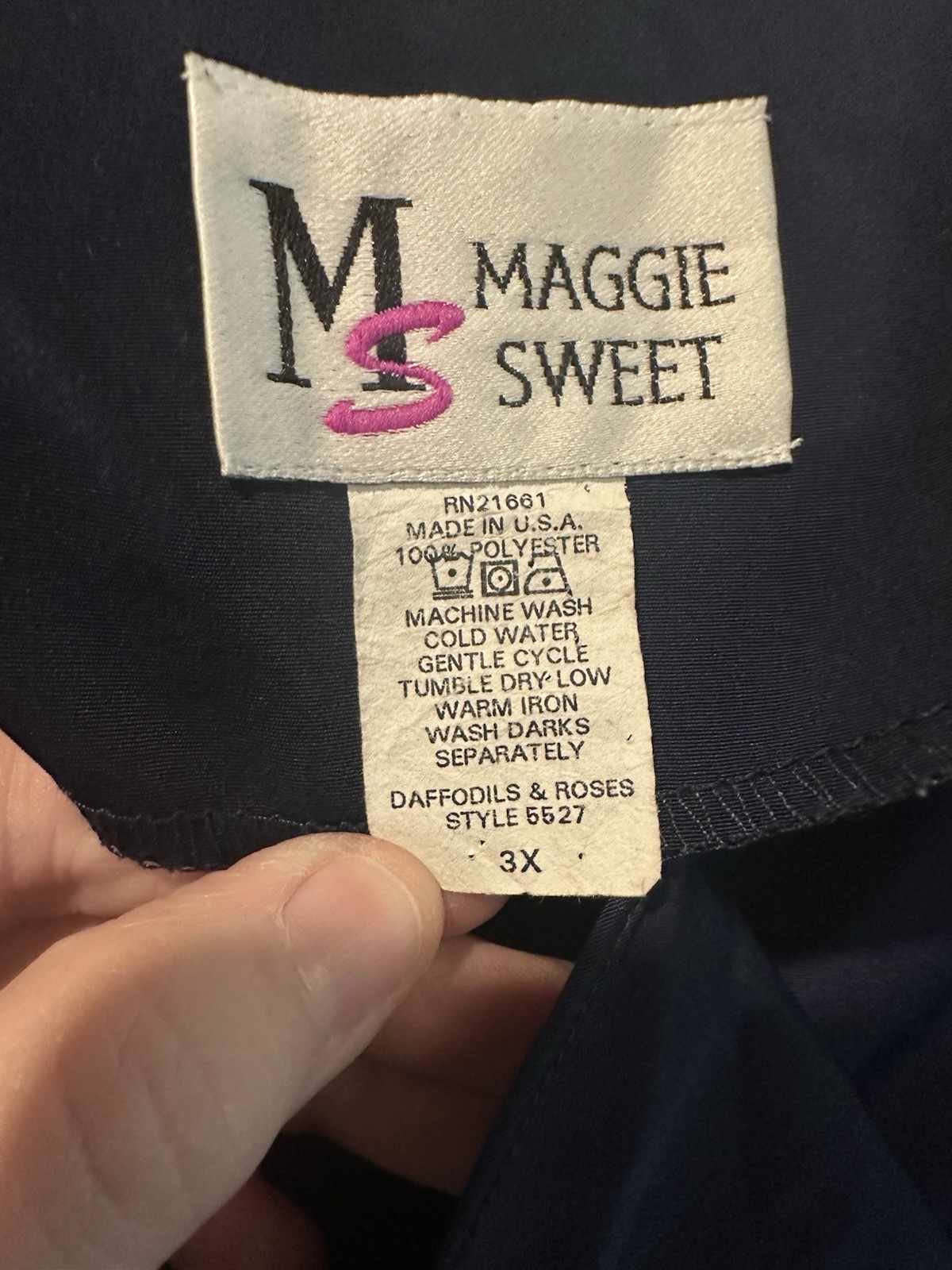 VTG 1990 Maggie Sweet 3X Navy Blue Blouse Ruffle Neck Button Up Shoulder Pads