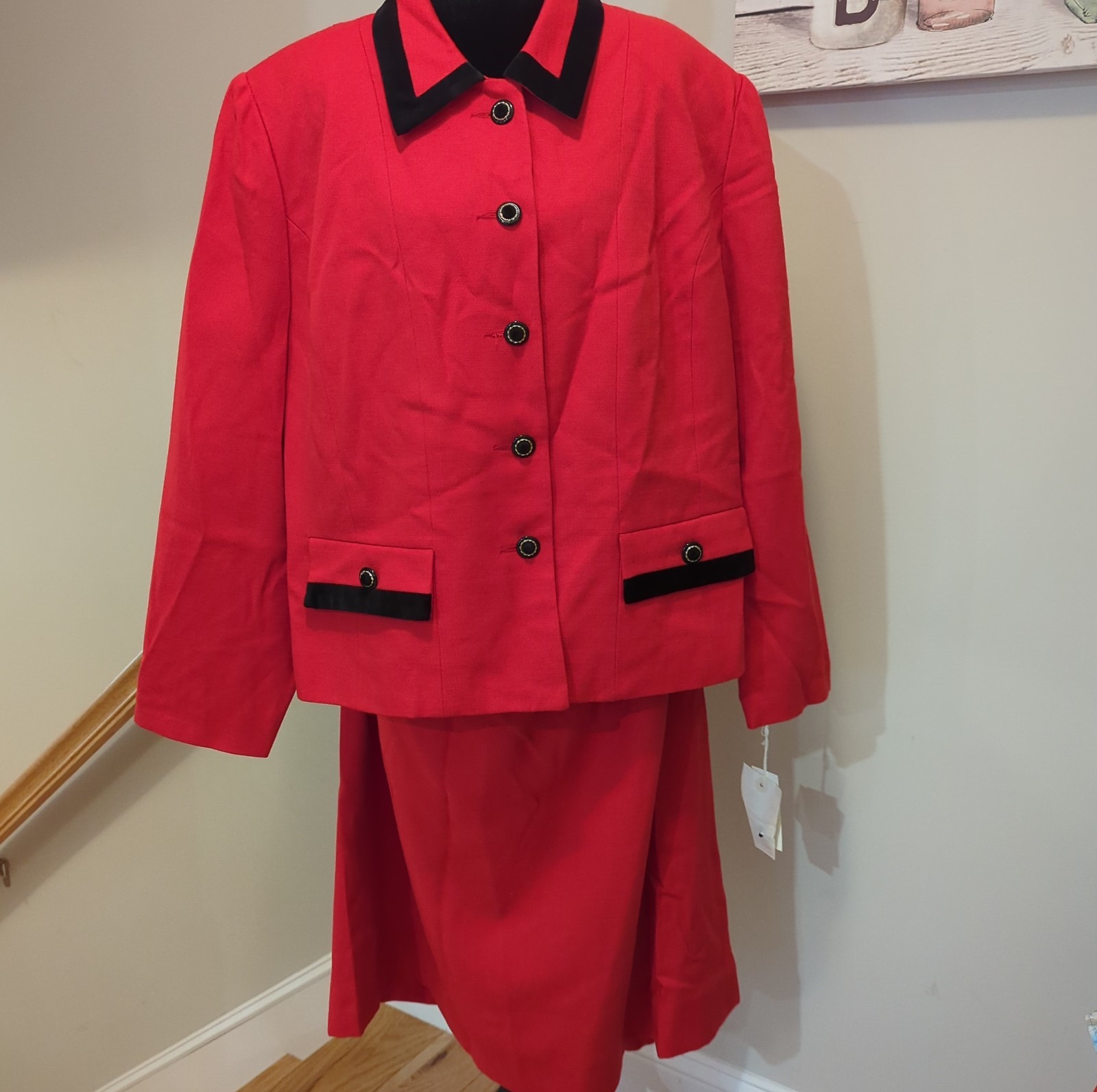 Vintage 90s Henry Lee Suit Womans Size 20 2 pc Skirt Blazer Red Black Trim Lined