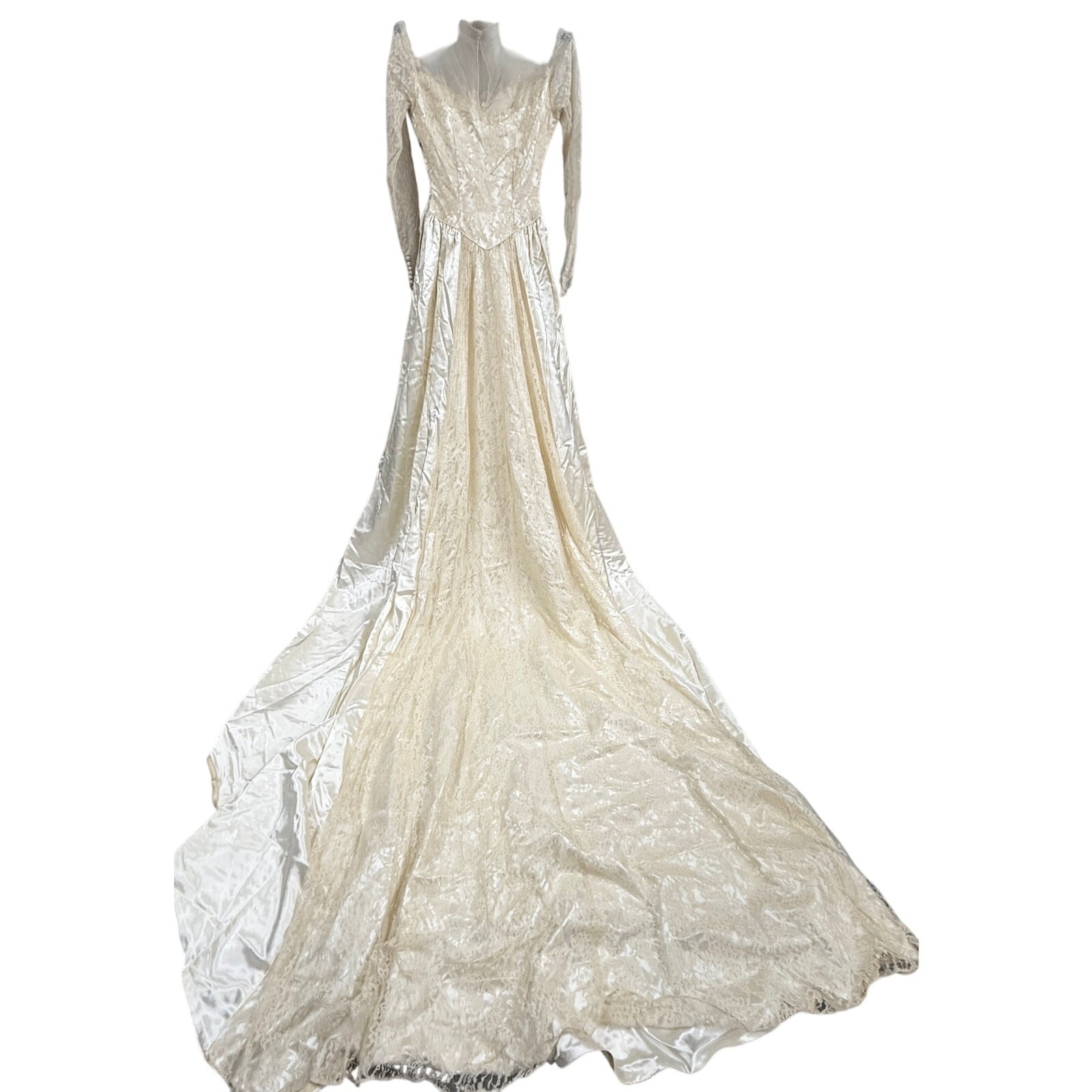 VTG 40s Hess Ivory Skinner Satin Wedding Gown Lace Illusion Yoke Train XS