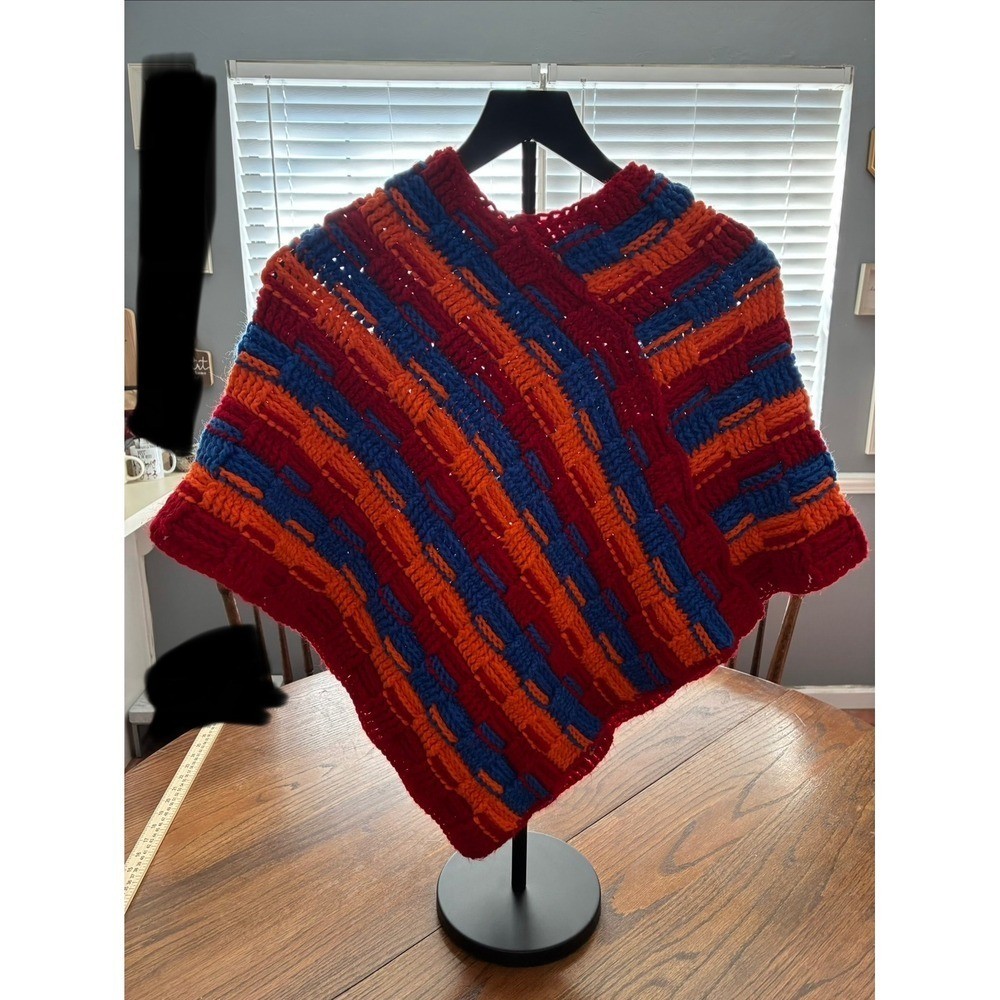 Handmade Crochet Poncho Red Orange Blue Basketweave Knit Vintage Style Wrap