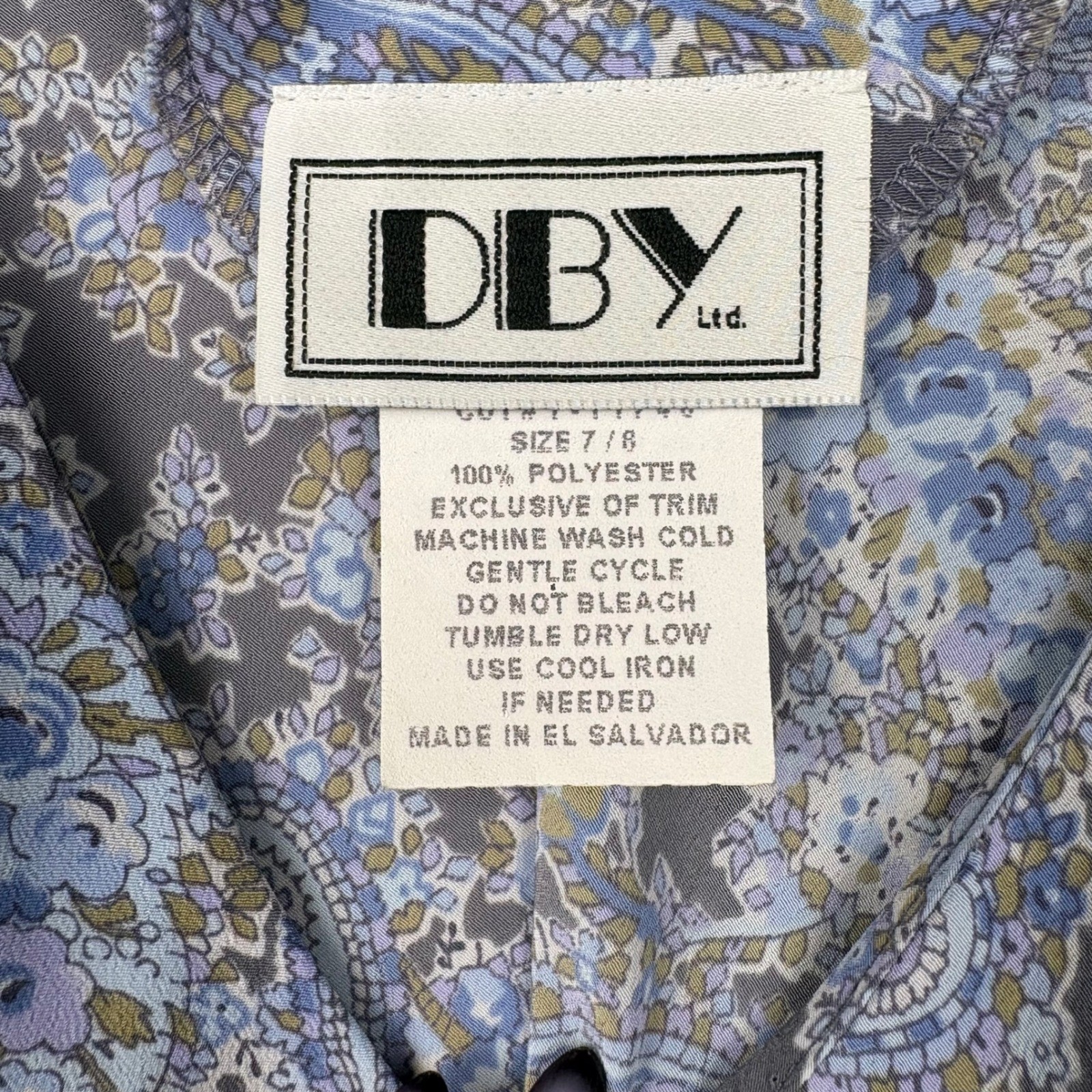 Vintage 90s DBY Blue Paisley Floral V-Neck Asymmetrical Ruffle Midi Dress Sz 7/8
