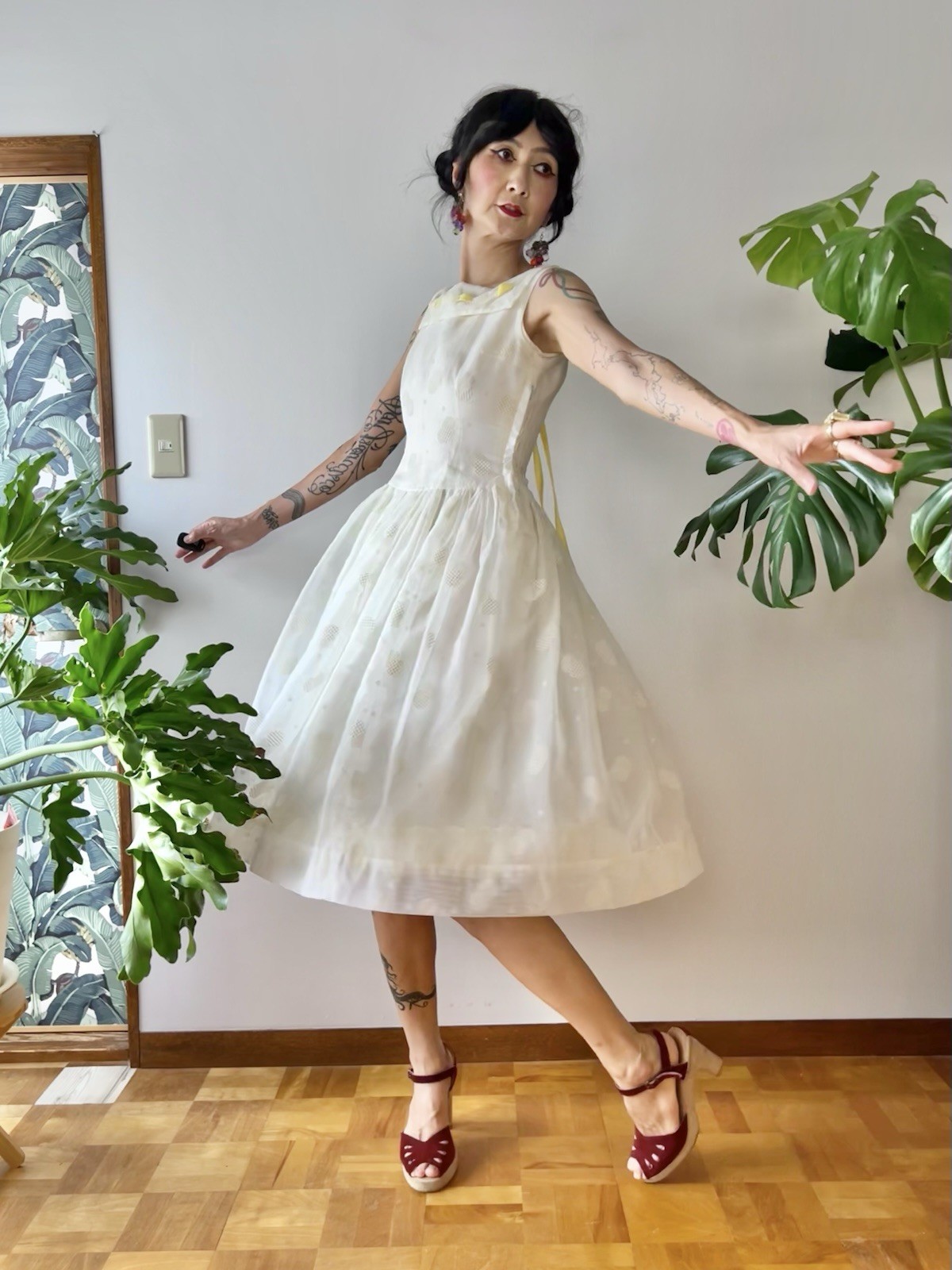 1950s Flocked Organza Dress Set – XS – Geometric Overlay w/ Satin Underdress