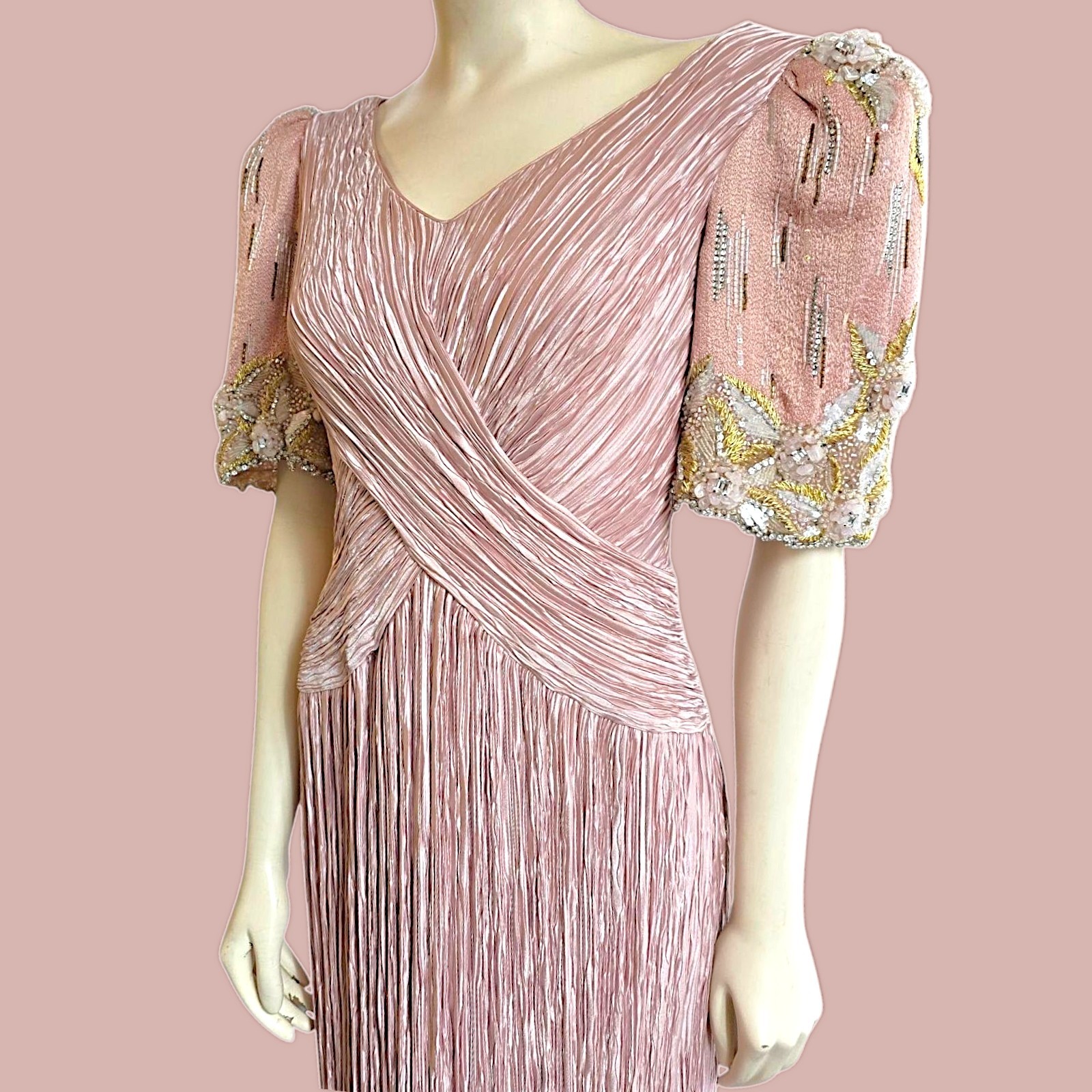 Vintage Mary McFadden Couture Fortuny Style Pleated Gown Blush Nude Pink Small