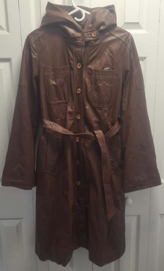 Vintage 70s Sears JR Bazaar Hooded Leather Trench Coat Belted Sz 11 Uruguay Boho