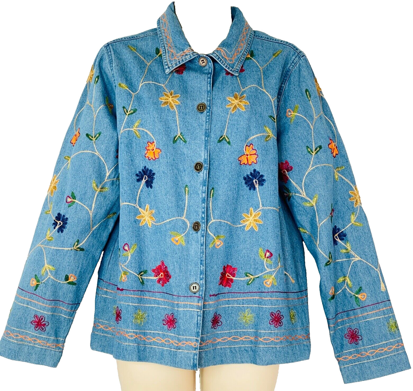 Vintage 1990s floral embroidered denim jacket, oversized cotton blue colorful S