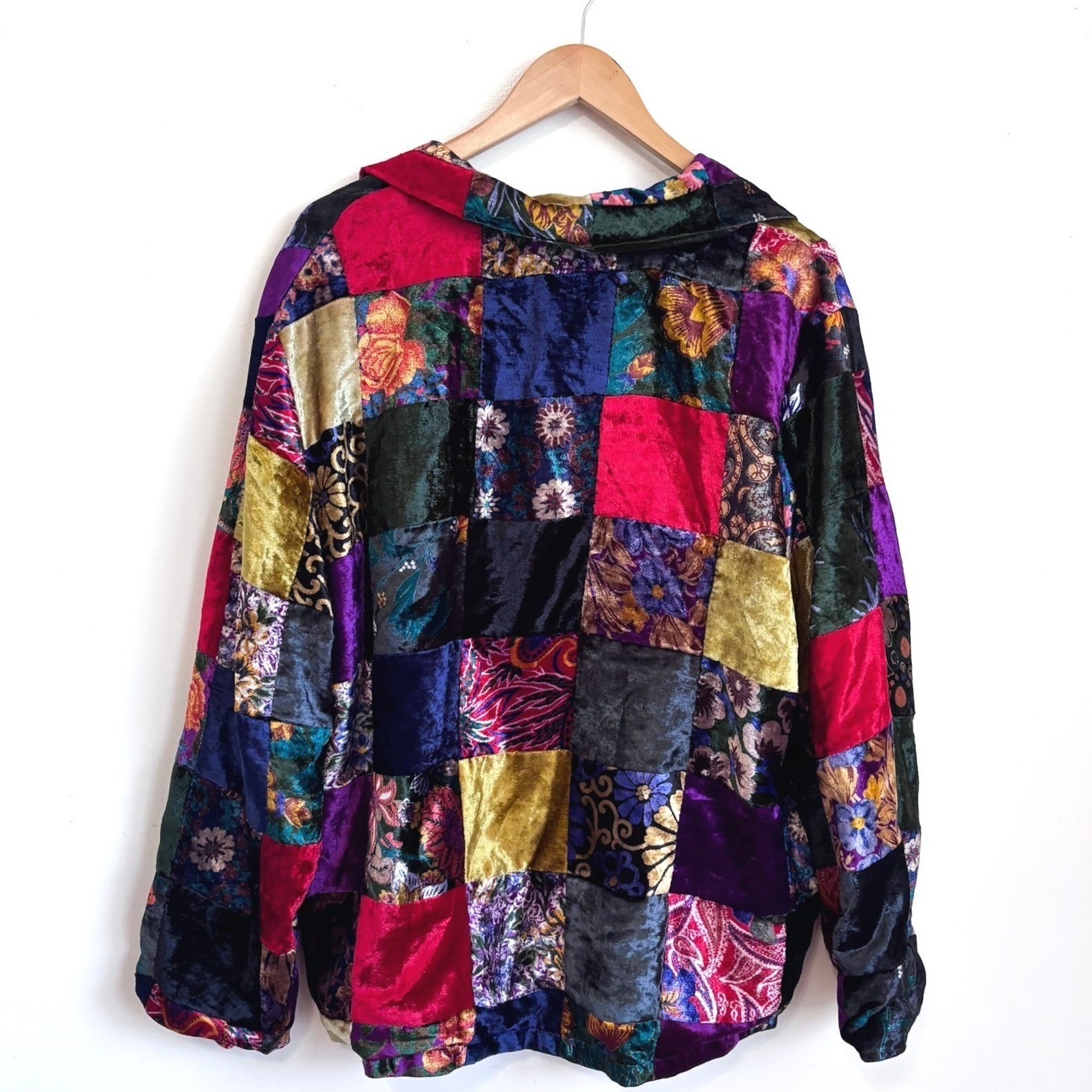Vintage 90s Womens Velvet Patchwork Jacket XL Floral Statement Boho Art To Wear