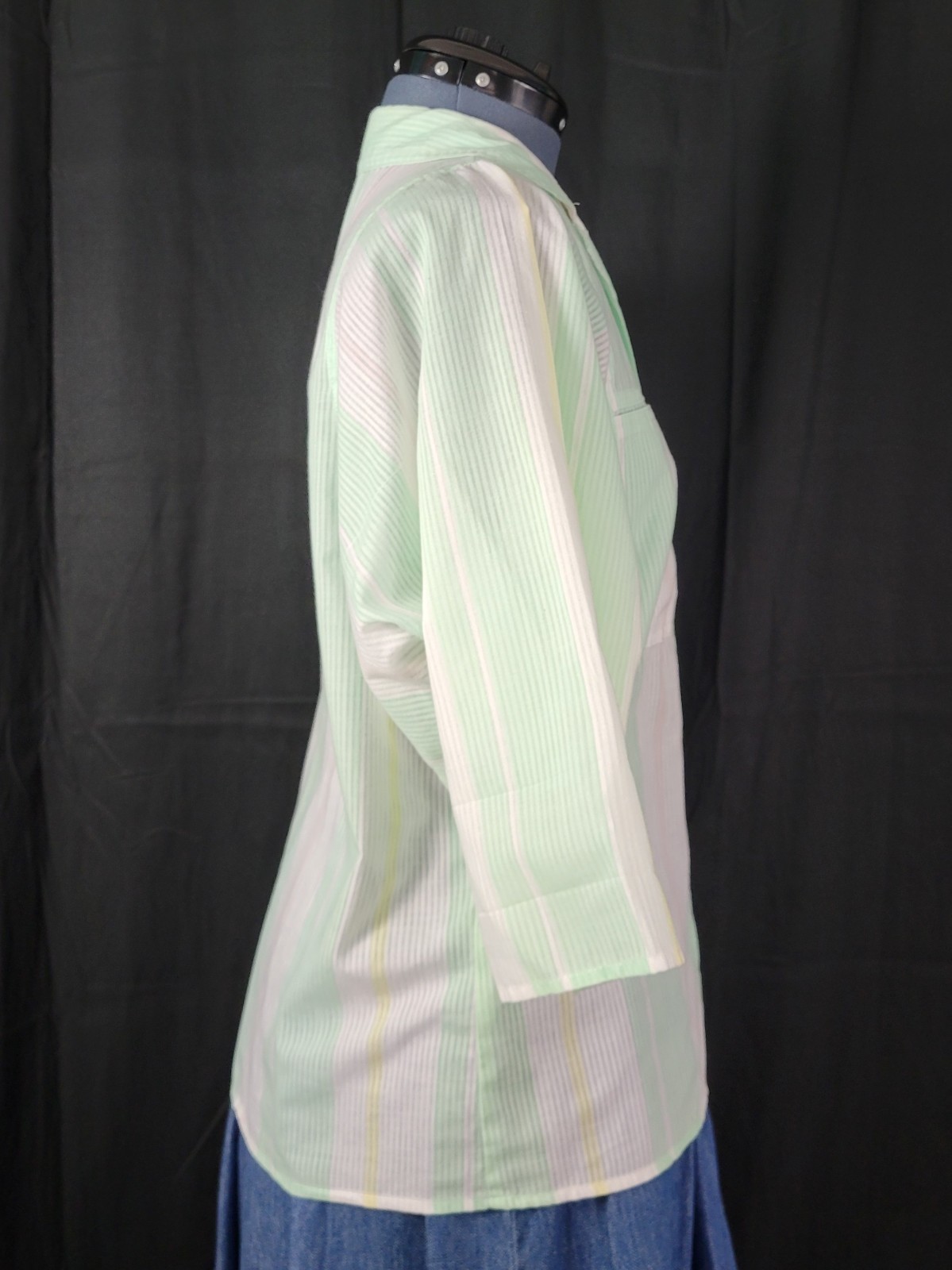 Vintage Cabrais Oversized Mint & White Striped Button Down Shirt Size Large