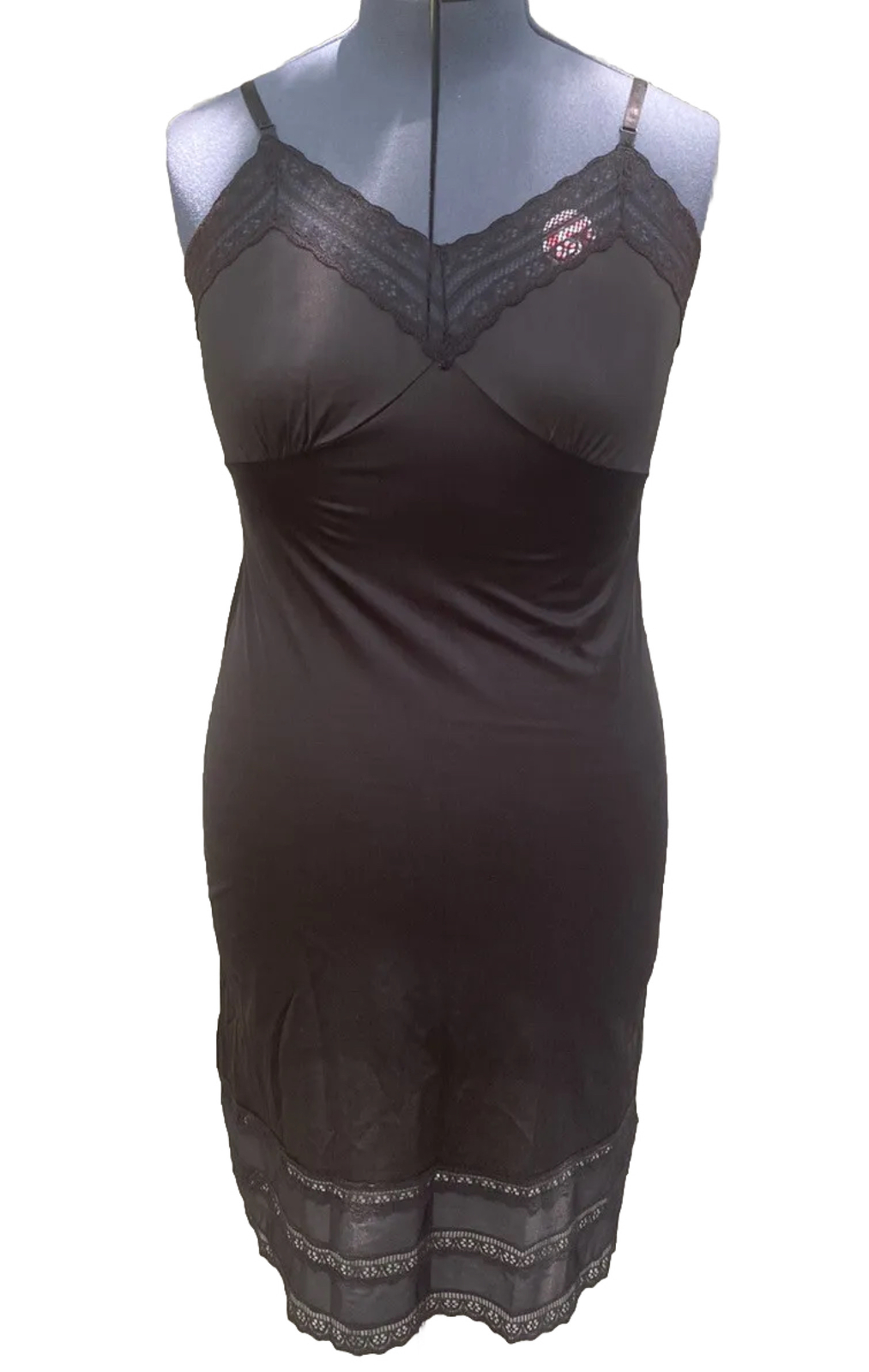 Black Antron III Nylon Adjustable Hem & Straps Nightie Slip Size 34 To Knee Vtg