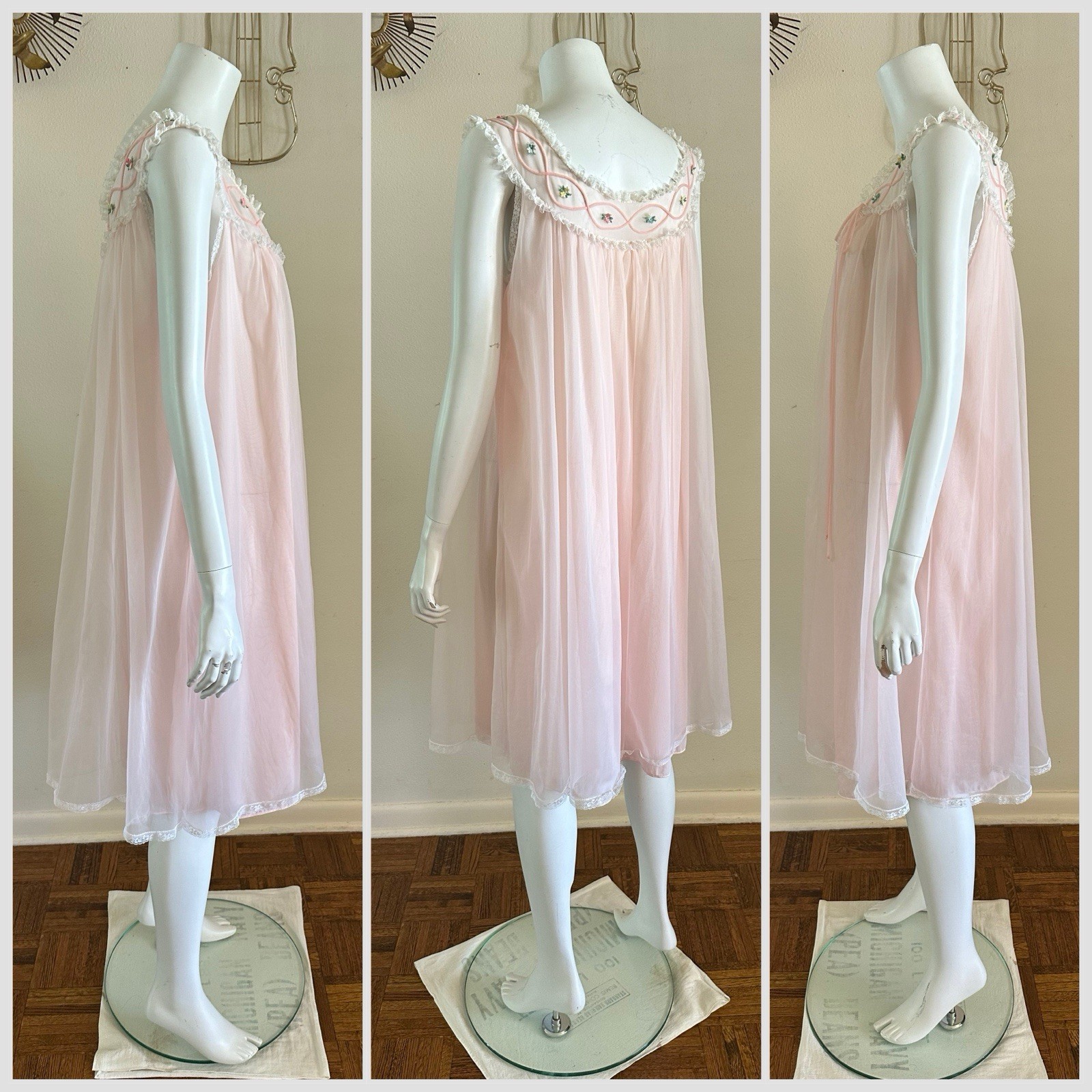 1960s Gotham Pink Nylon Peignoir Set Babydoll Chiffon Lace Lingerie Robe M VTG