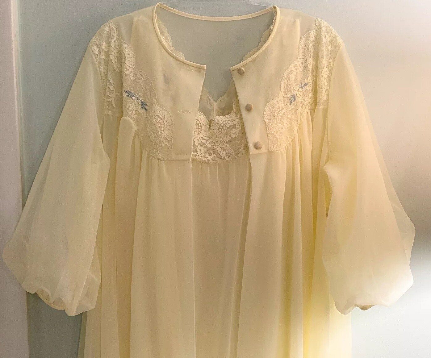 60s Shadowline Nightgown Robe Peignoir 2 Pc Long Sheer Chiffon Nylon Lace Sz Med