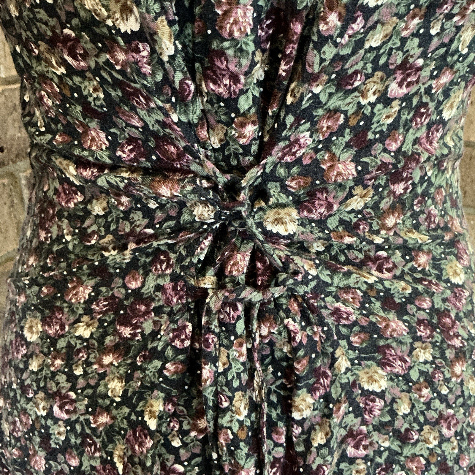 90s VTG DBY Ltd Floral Maxi Dress Button Front Tie Back V-Neck Size S Ditsy 33E7
