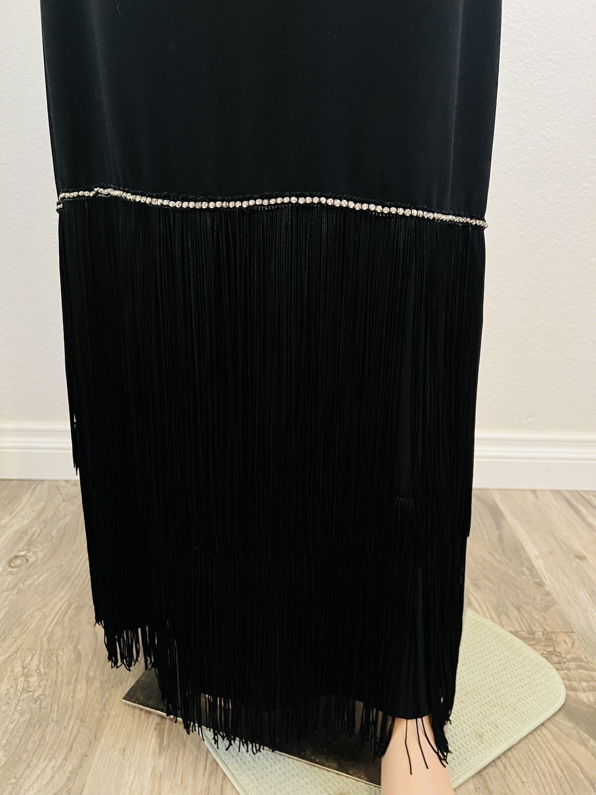 VTG 1960s Pavillon Design Black Evening Gown Maxi Dress Fringe & Rhinestones M*
